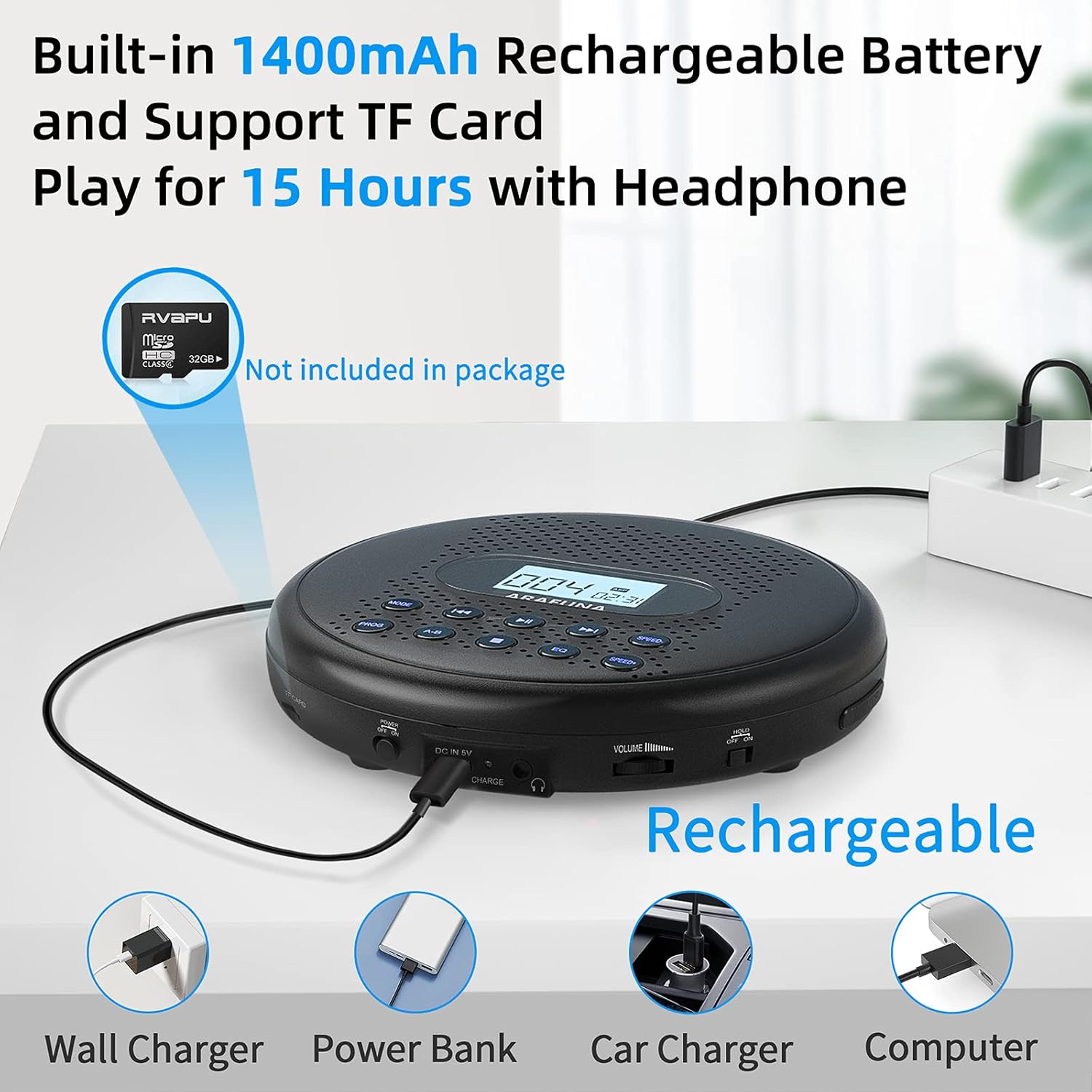 CD Player Portable, ARAFUNA Portable CD Player with Dual Stereo Speakers, Rechargeable CD Player for Car with Anti-Skip Protection, Walkman CD Player with Headphones and AUX Cable