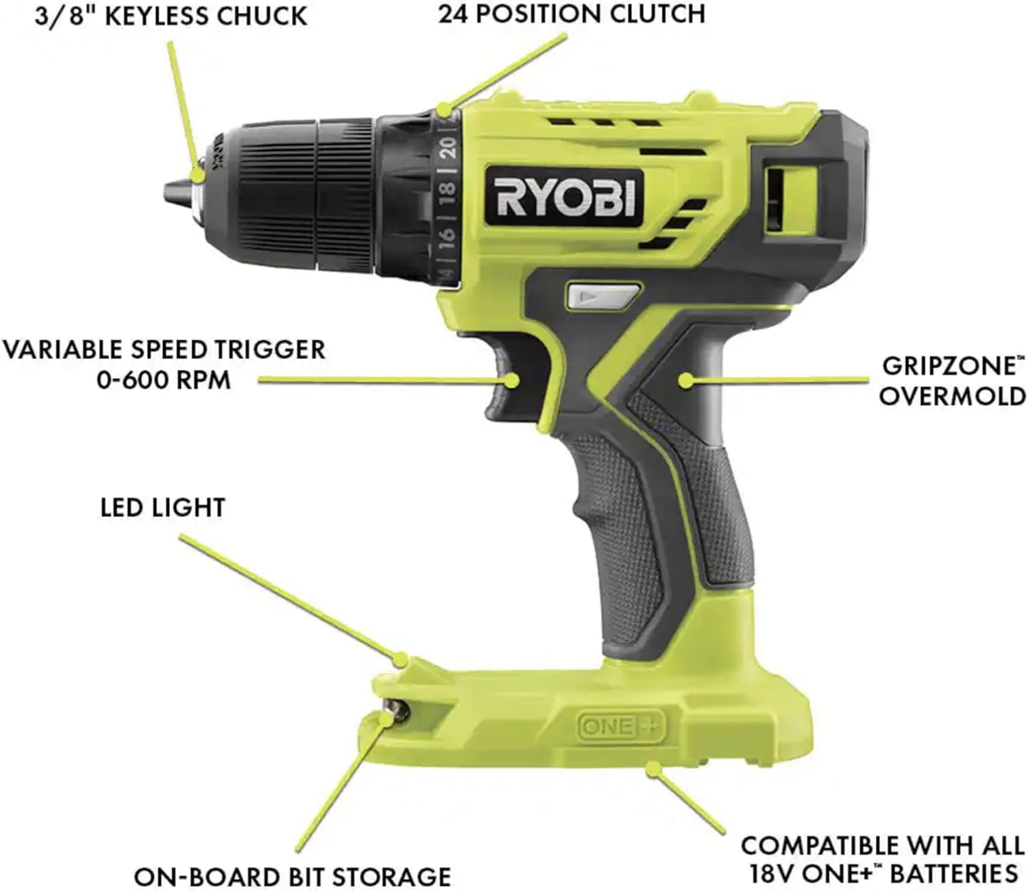 Cordless Drill Set Bundle with Ryobi 18V ONE+ Drill Driver, 3/8 Inch Chuck, 40 Piece Drill Bit Set, 1.5 Ah 18-Volt Lithium-ion Battery, 18-Volt Charger and Buho 16 Inch Tool Bag