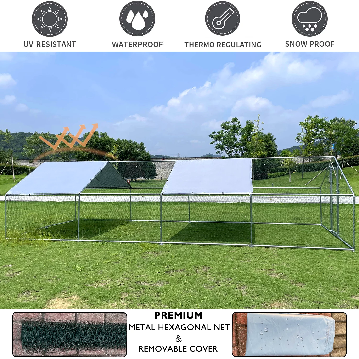 Large Chicken Run Coop 10x26ft Metal Hen House Geeloon Walk-in Poultry Cage W/ Cover