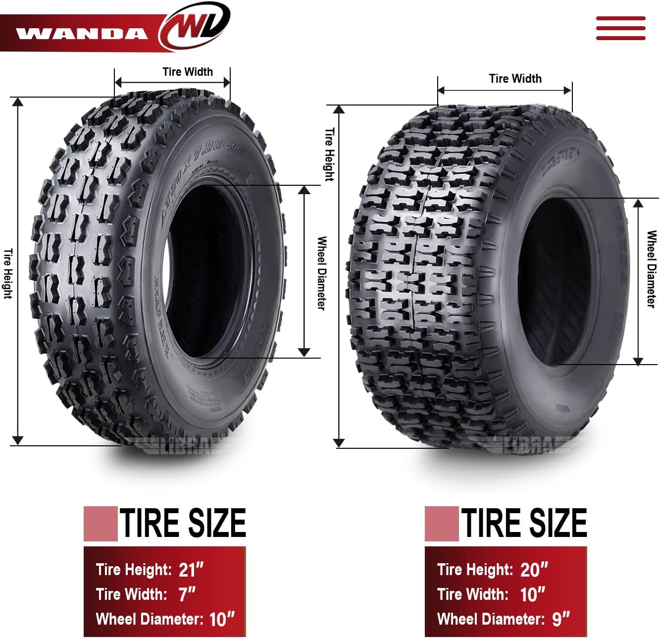 WANDA Set 4 Sport ATV Tires 21x7-10 & 20x10-9 Polaris Phoenix 200 Predator 500