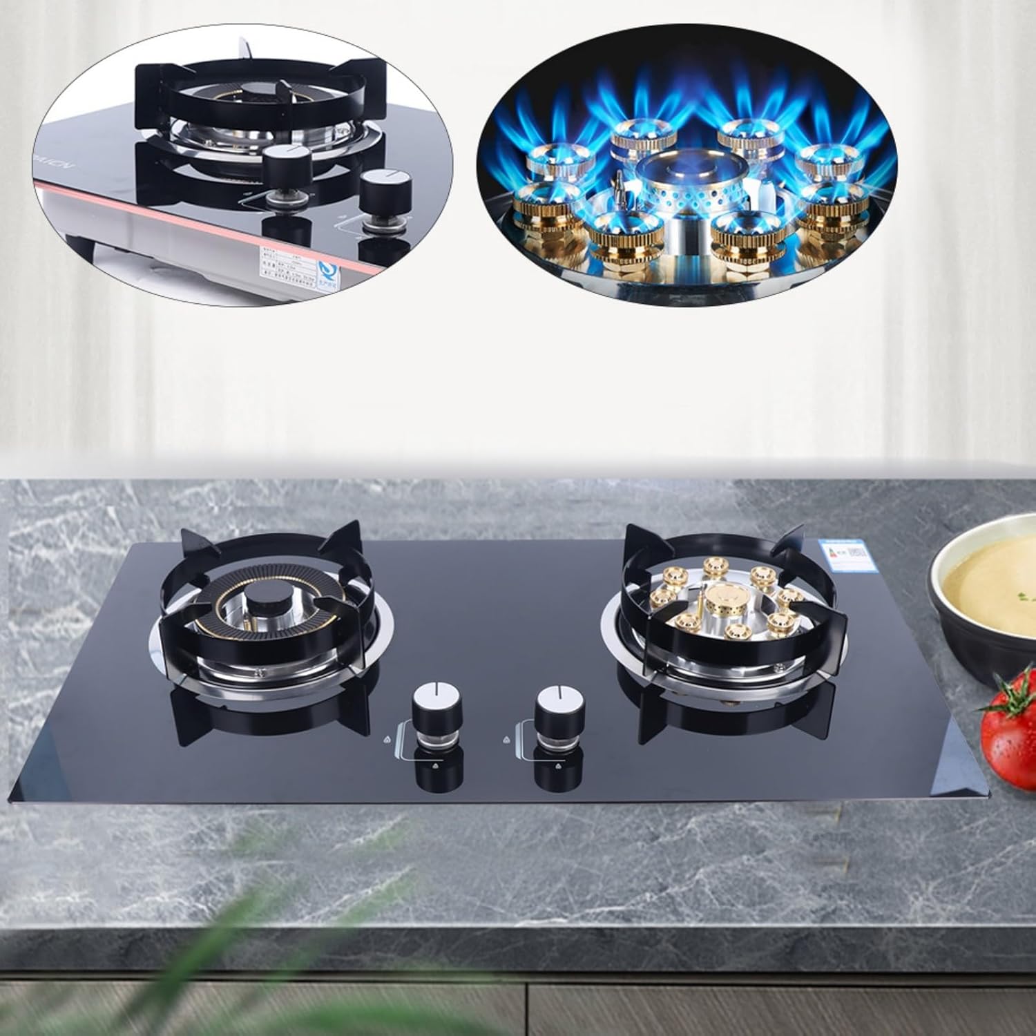 Gas Cooktop Stove Top 2-Burner Built-in Natural Gas Cooker Gas Stove 730x410mm, Camping Double Burner LPG for RV, Apartments, Outdoor Kitchen and BBQ Island Easy to Clean
