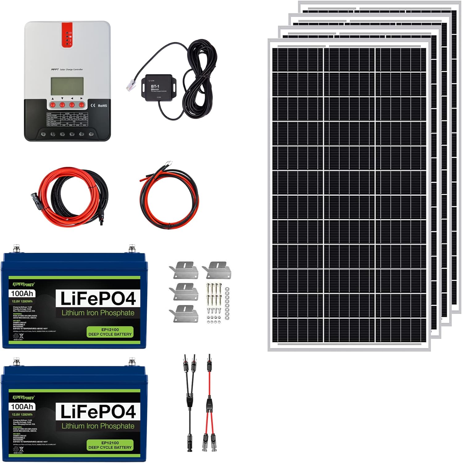 ExpertPower 2.5KWH 12V Solar Power Kit | LiFePO4 12V 100Ah, 400W Mono Solar Panels, 30A MPPT Solar Charge Controller, 2KW Pure Sine Wave Inverter Charger | RV, Trailer, Camper, Marine, Off Grid