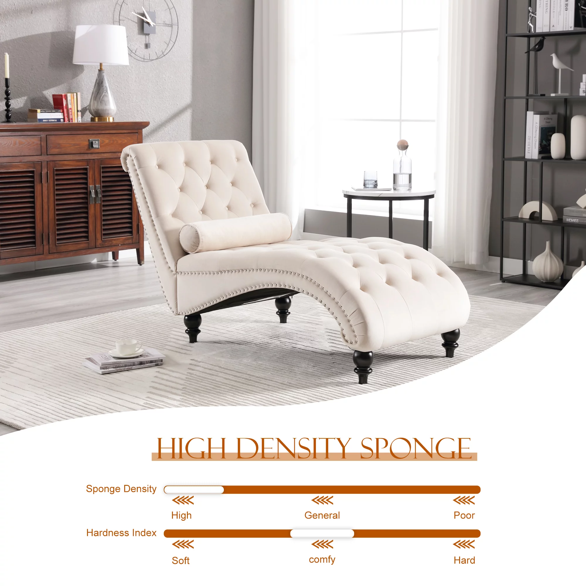 KINFFICT Velvet Chaise Lounge Indoor, Tufted lounge chair with Wood Legs, Leisure Accent Chair Upholstered Lounge Couch for Bedrooom Living Room, Beige