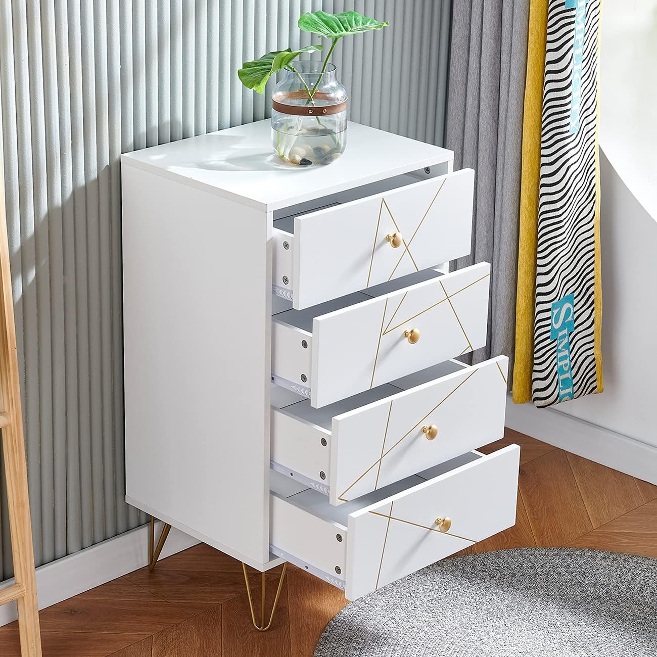 White Wood Chest of Drawer, 4 Drawer Storage Cabinet with Unique Golden Groove Front, Floor Cupboard Sideboard Organizer for Living Room Bedroom Home Furniture, Tall Dresser Chest Tower