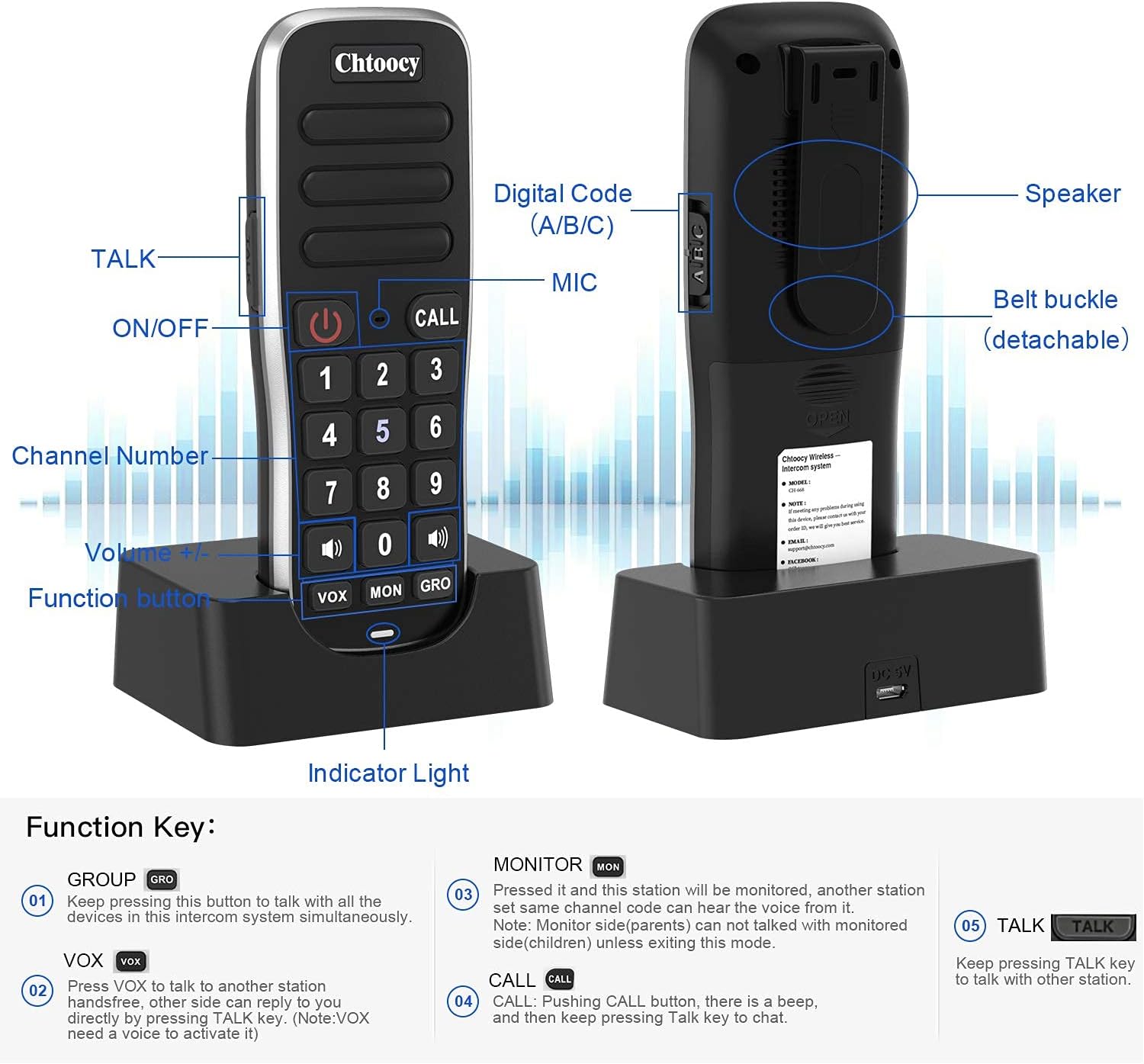 Rechargeable Intercoms Wireless for Home 5280 Feet Range 10 Channel, Chtoocy Handheld Wireless Intercom System for Home Business Office, Room to Room Communication System Expandable (4 Packs, Black)