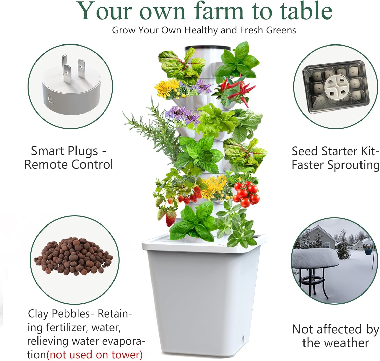 Sjzx Tower Garden Hydroponics Growing System,Indoor Smart Garden,Nursery Germination Kit Including Smart Plug，Water Pump(No Seedlings Included)