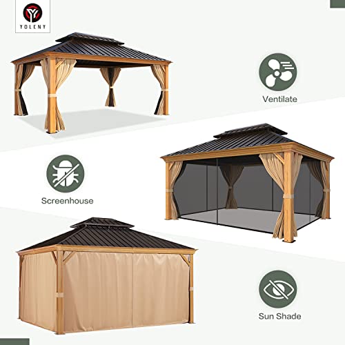 YOLENY 10' x 12' Hardtop Gazebo, Wood-Looking Gazebo with Galvanized Steel Double Roof, Aluminum Frame, Permanent Metal Pavilion with Netting and Curtains for Deck, Backyard, Patio and Lawns