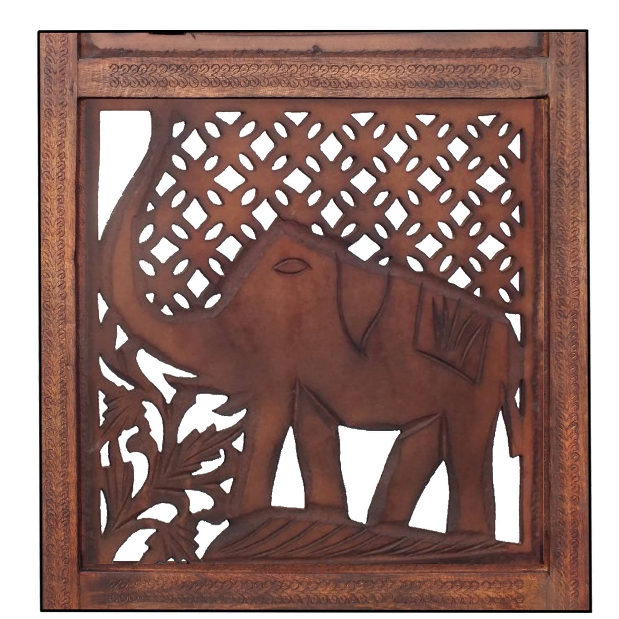 Benzara Hand Carved Elephant Design Foldable 4 Panel Wooden Room Divider, Brown