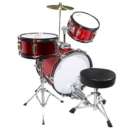 Mendini By Cecilio Kids Drum Set, 3 Piece Junior Drum Set for Beginners with Bass Tom Snare Drum, 16 inch Drum Kit with Snare, Cymbal, Drumsticks, Adjustable Seat (Metallic Red)