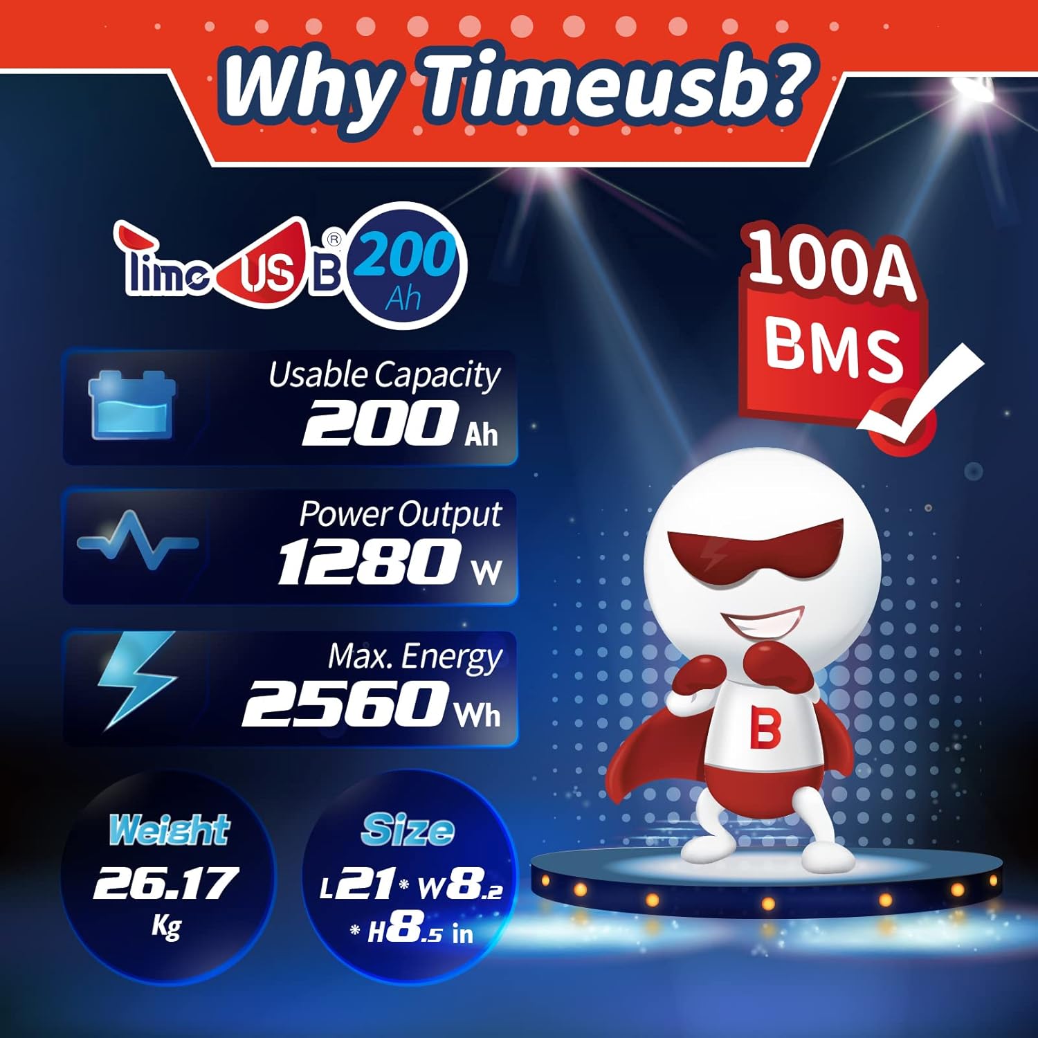 Timeusb 12V 200Ah Lithium Iron Phosphate Battery, Built-in 100A BMS, Deep Cycle LiFePO4 Battery in 2.56kWh Energy, Perfect for Your RVs, Camper Van, Hauler, Travel Trailer, Caravan