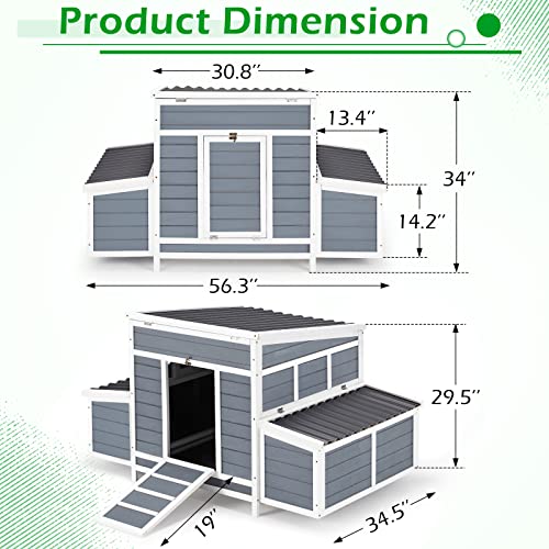 AECOJOY Chicken Coop, 56" Large Wooden Chicken Hutch with 6 Nesting Boxes, Outdoor Hen House Chicken Cage