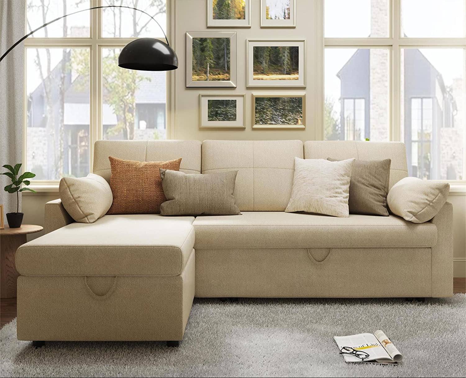 Papajet Sofa Bed, Sleeper Sofa with Storage Chaise, Pull Out Couch for Living Room- Gray Chenille