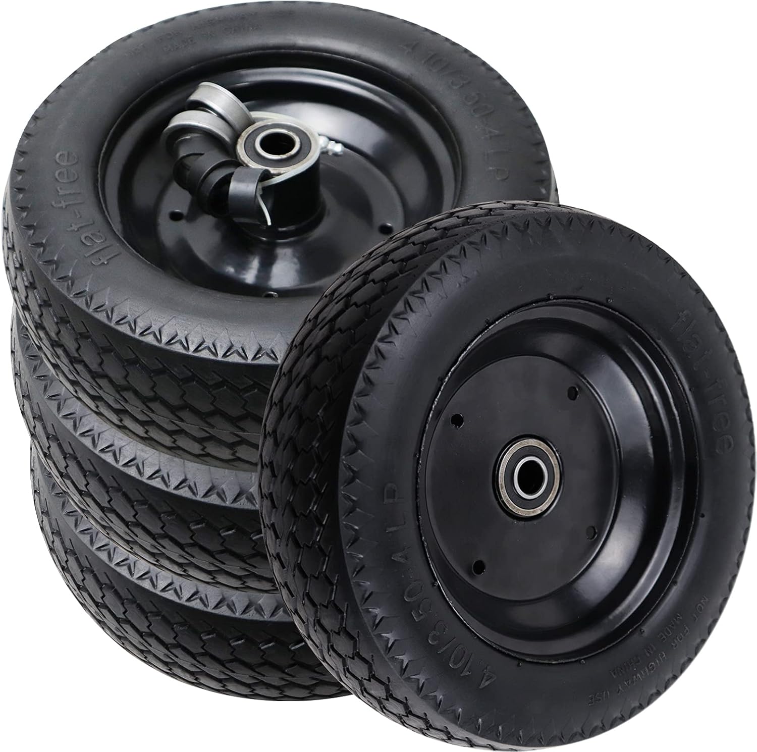 Upgraded 10" Flat Free Wheels for Gorilla cart, 4.10/3.50-4" Replacement Solid Tires with 5/8&Prime; Bearings, Solid Rubber Wheels for Gorilla Carts/Hand Truck/Garden Carts-4PCS