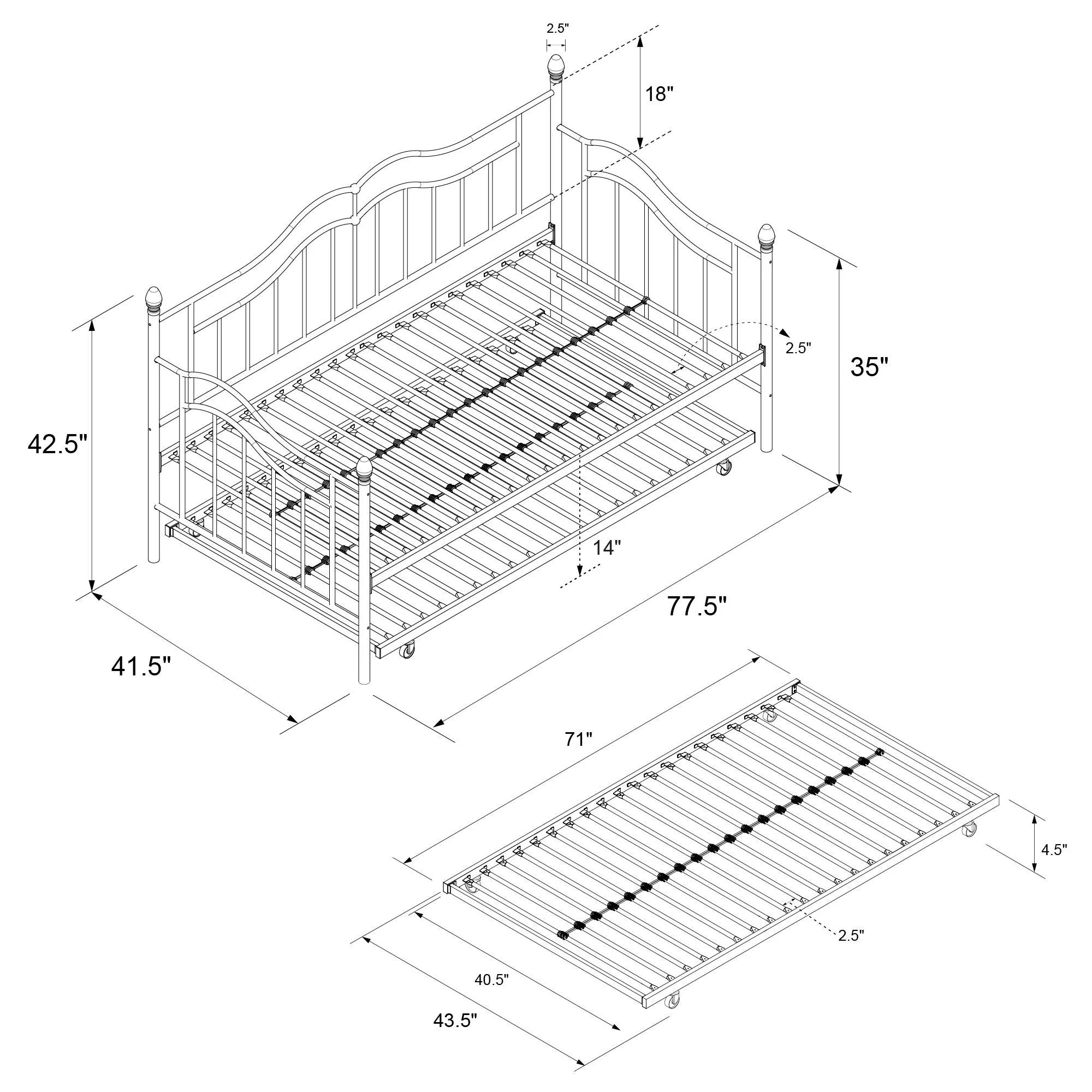Desert Fields Tokyo Metal Daybed And Trundle, Twin/Twin Size Frame, Bronze