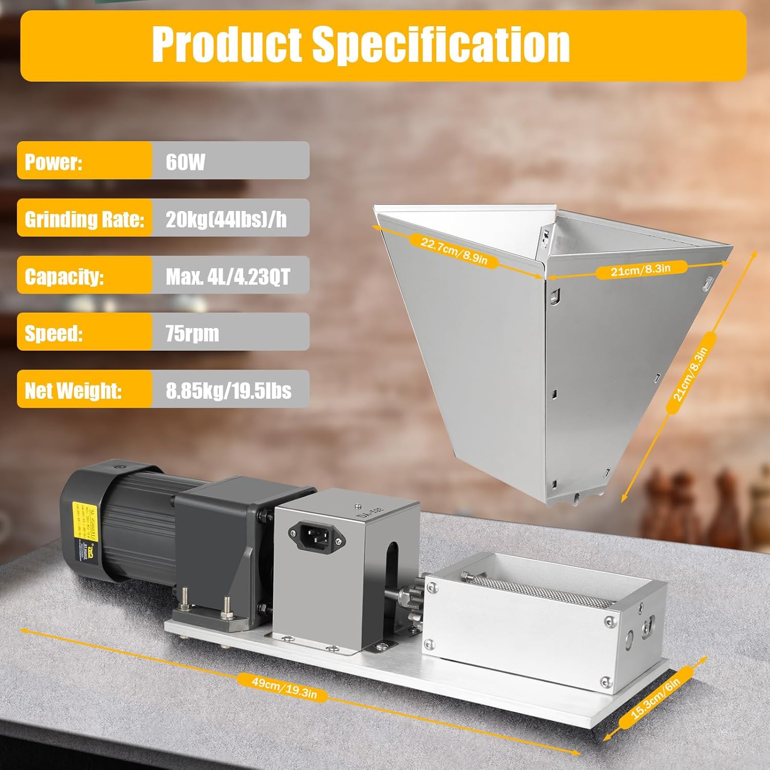 Grain Mill Grinder 60W Electric Barley Grinder Malt Crusher Machine Food Grade Stainless Steel Home Brew Grain Corn Wheat Mill Milling Grinding Machine 2 Rollers with 11lbs 4pcs Hoppers 110V US Plug