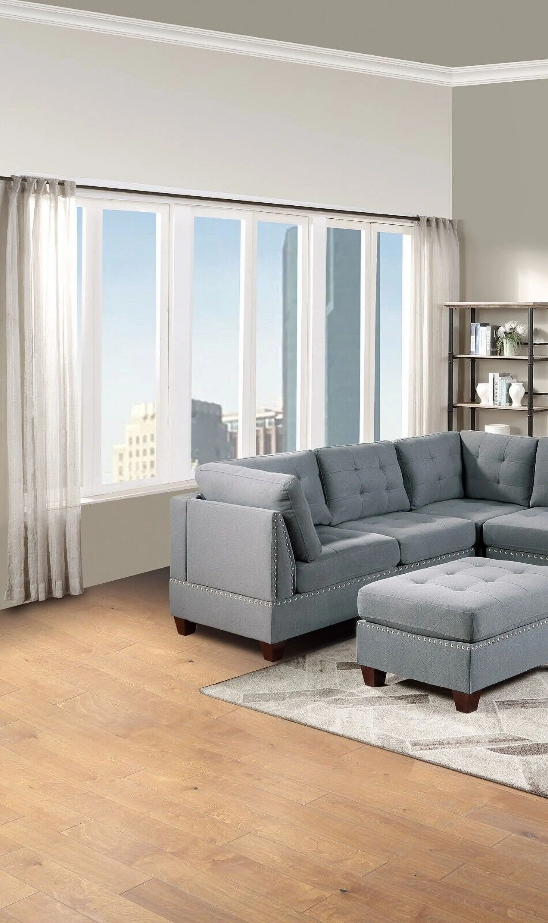 Living Room Gray Fabric Tufted Nailheads Cushion 9pcs Sectional Sofa Set 3x Corner Wedge 4x Armless Chairs 2x Ottomans Couch