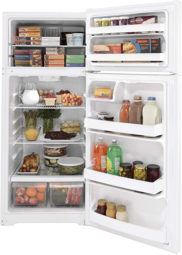 GE GTE18DTNRWW 28" Energy Star Qualified Top Freezer Refrigerator with 17.52 cu. ft. Capacity, LED Lighting, Adjustable Wire Shelves and Upfront Temperature Controls in White