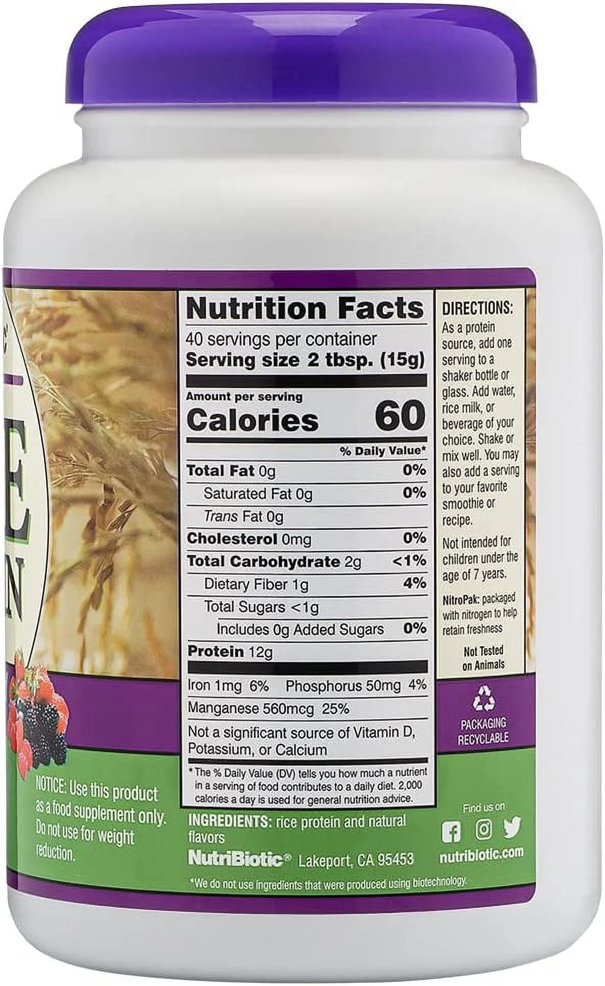 NutriBiotic Raw Rice Protein Powder Mixed Berry - 1.31 lbs Pack of 4