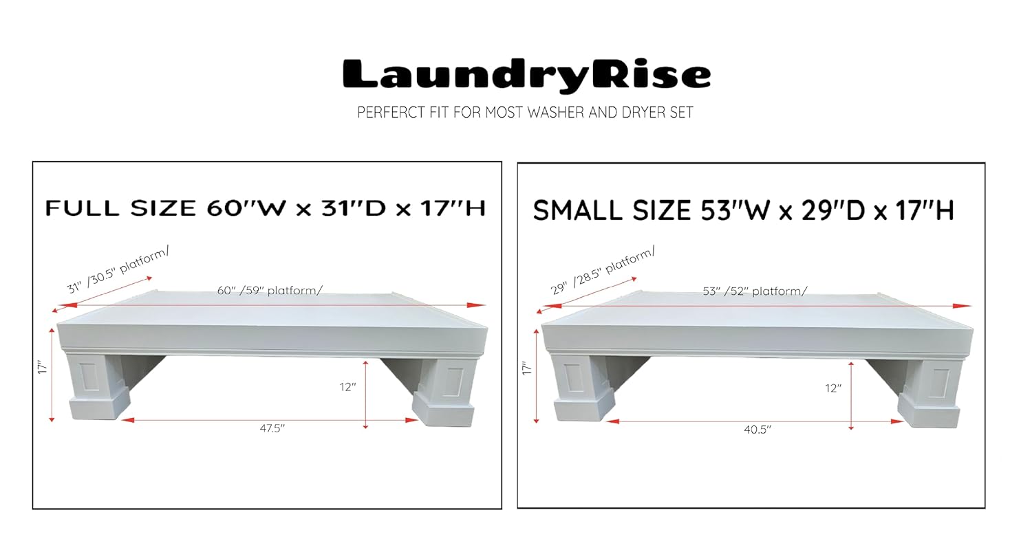 LaundryRise Handcrafted Laundry Washer and Dryer Pedestal Raiser Platform works with most of the Washers and Dryers Pair on the market Additional Laundry Storage made out of solid wood, 53-60" wide