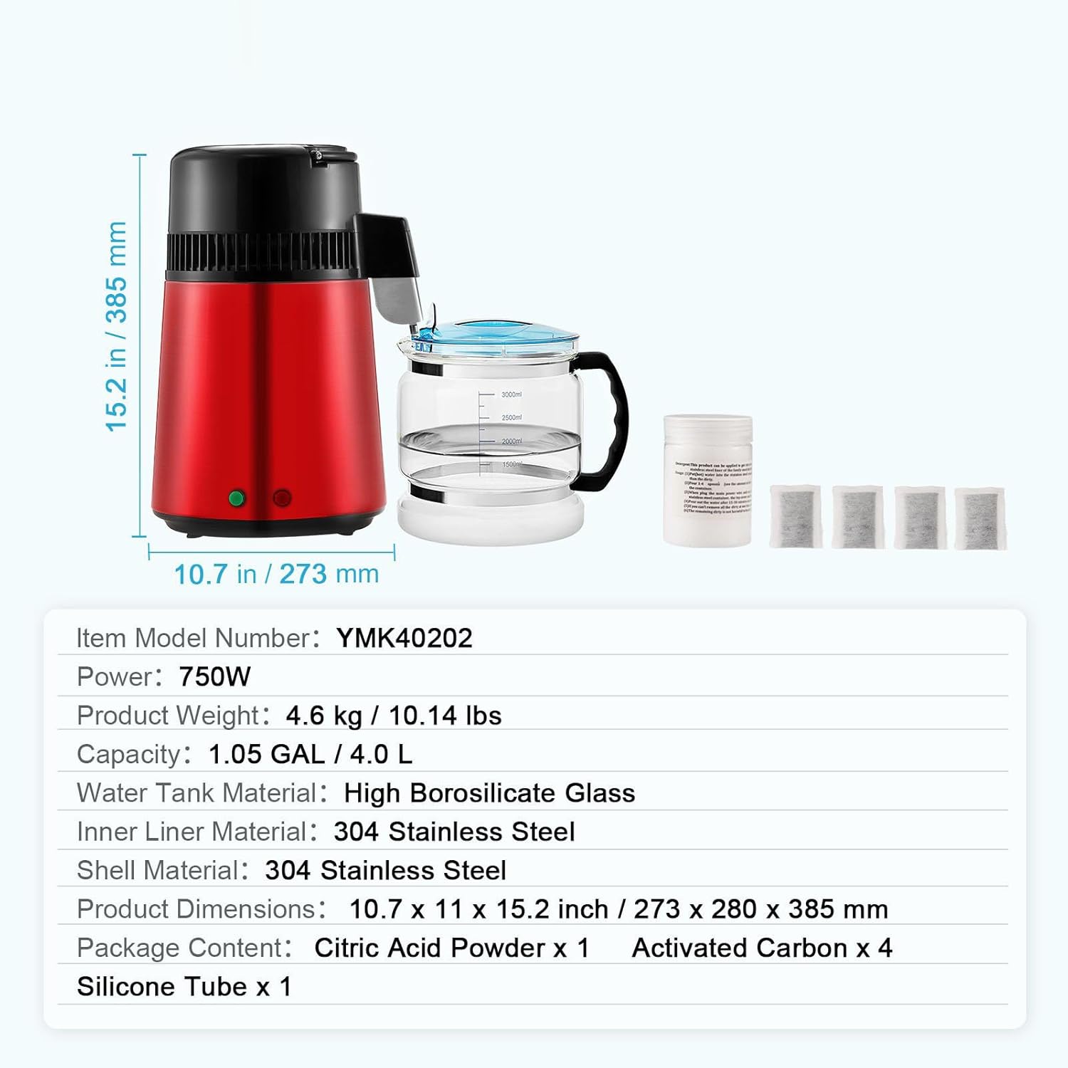 4L 1.05 Gallon Water Distiller Pure Water Purifier Filter for Home Countertop, 750W Distilled Water Maker, Stainless Steel Interior Machine to Make Clean Water, Red