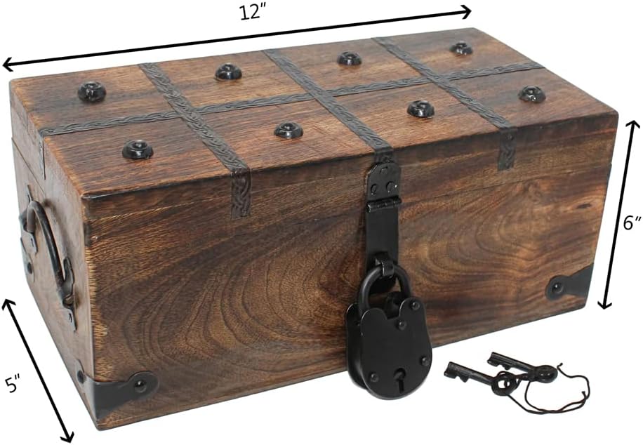 Nautical Cove Treasure Chest Wooden Box with Antique Iron Lock and Skeleton Key - Storage and Decor (Medium 12.25 x 6 x 5.5) Pack of 2