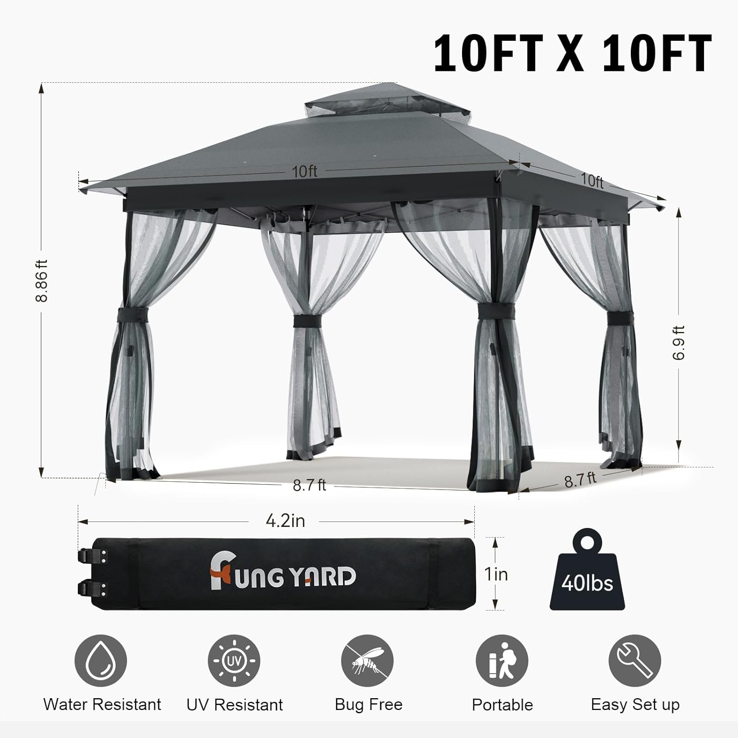 10x10 Outdoor Pop Up Gazebo - Instant Canopy Tent with Mosquito Nettings, Double Roof Vented Gazebo Canopy Shelter for Backyard Shade Party Garden Lawns (10x10ft Grey)