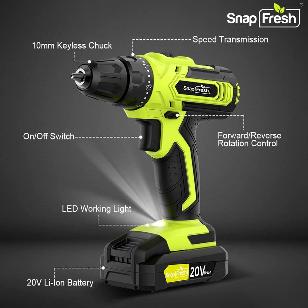 Cordless Drill - SnapFresh 20V Cordless Drill with Battery and Charger, Power Drill Set with 2 Variable Speed, 21+1 Torque Setting, Lightweight, LED, 43pcs Drill Bits, Impact Drill Set for Home, DIY Pack of 2