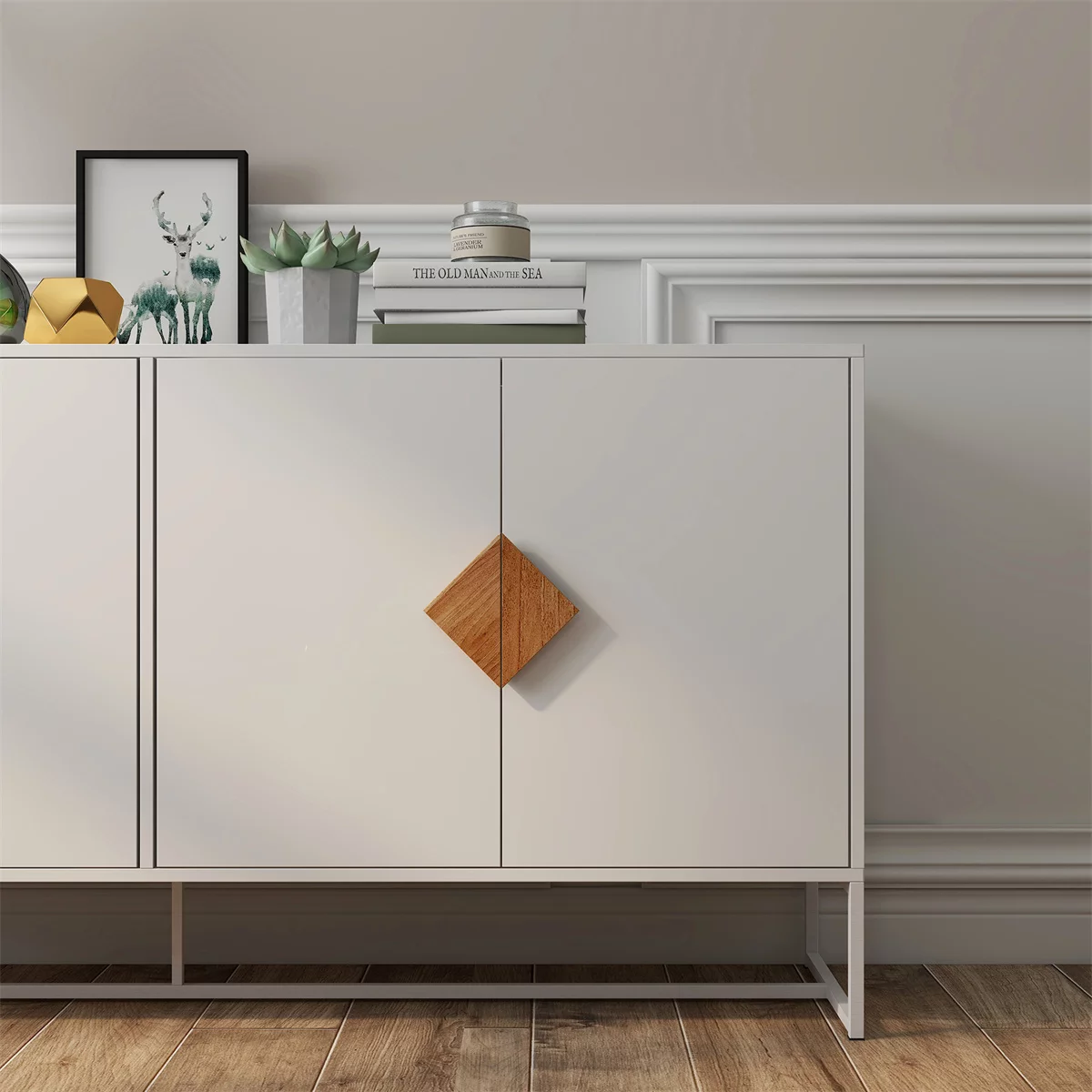 Astarth Storage Sideboard Cabinet White Modern 4 Doors Kitchen Buffet Cabinet Television Tables Entryway Cupboard Furniture with Solid Wood Square Handles and Metal Legs