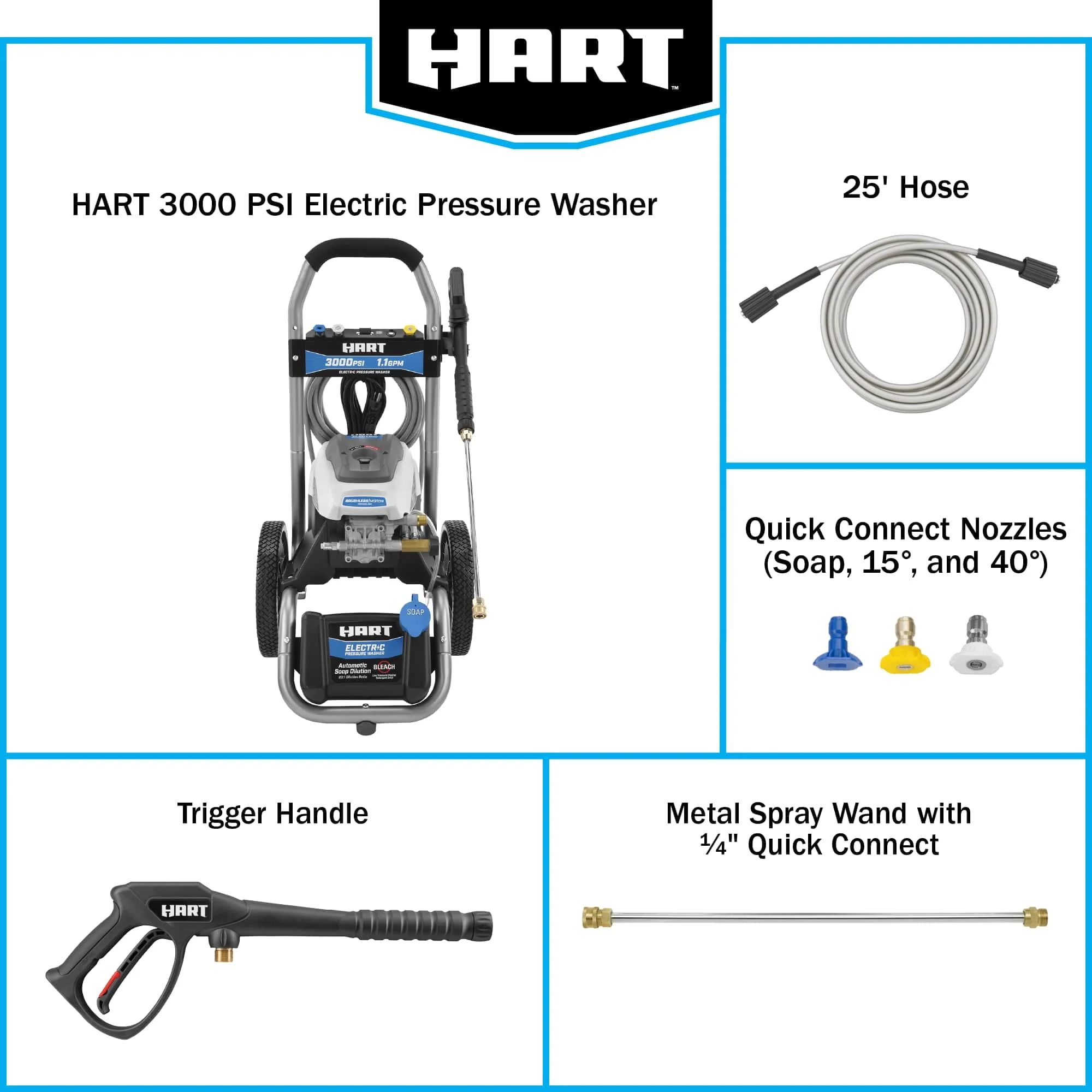 HART 3000PSI 1.1 GPM Cold Water Electric Pressure Washer, Brushless Motor
