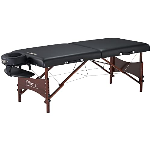 Master Massage Newport Portable Massage Table Package with Denser 2.5" Cushion, Walnut Stained Hardwood, Steel Support Cables, Pillows & Accessories, Black, 30"