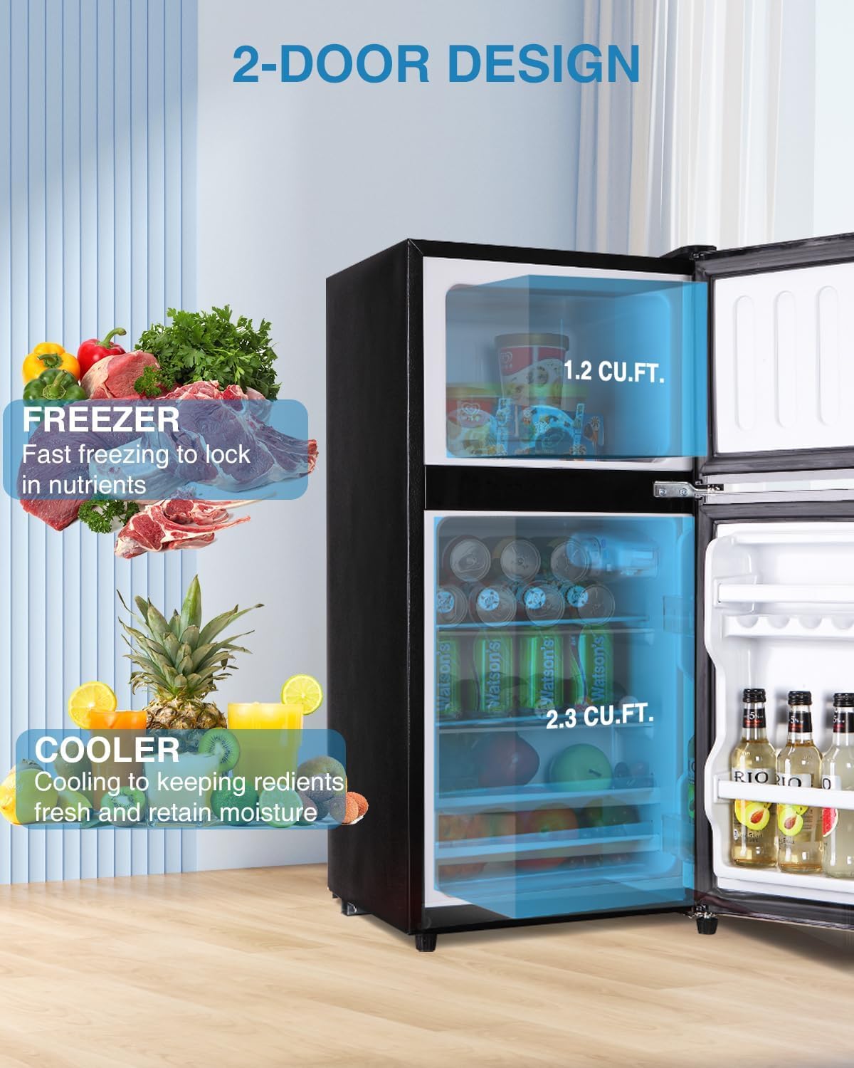 3.5 Cu Ft Mini Refrigerator with Freezer, Double Door, 7 Level Adjustable Thermostat, Modern Design for Home, Office, Dorm (Black)