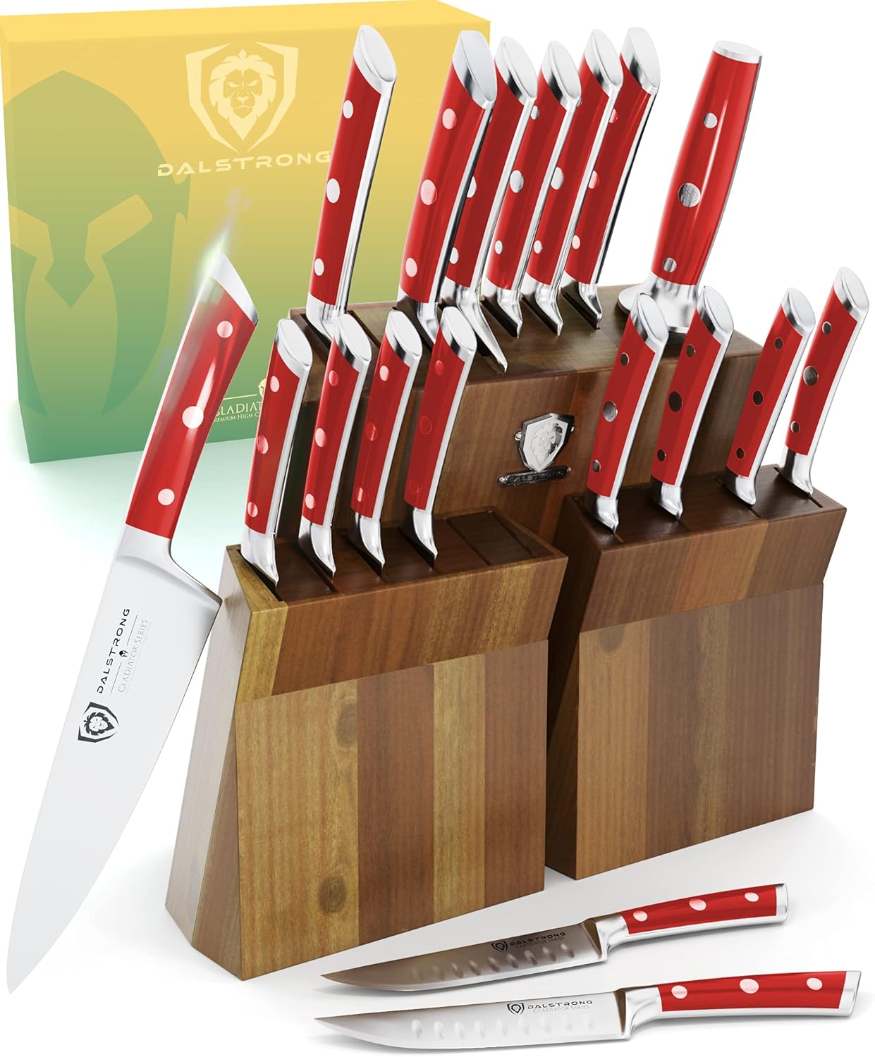 DALSTRONG Knife Block Set - 8 Piece - Gladiator Series - German HC Steel Knives - Acacia Wood Stand - Black ABS Handles - Kitchen Knife Set - Cutlery Set - NSF Certified