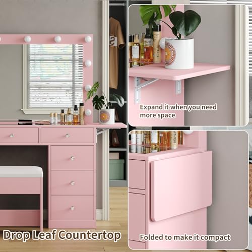 Vanity Desk with Power Outlet, 9 Drawers Makeup Vanity with Mirror and 12 LED Lights, 3 Lighting Modes, Glass Top Vanity Set, Fold-up Panel, Dressing Table for Bedroom