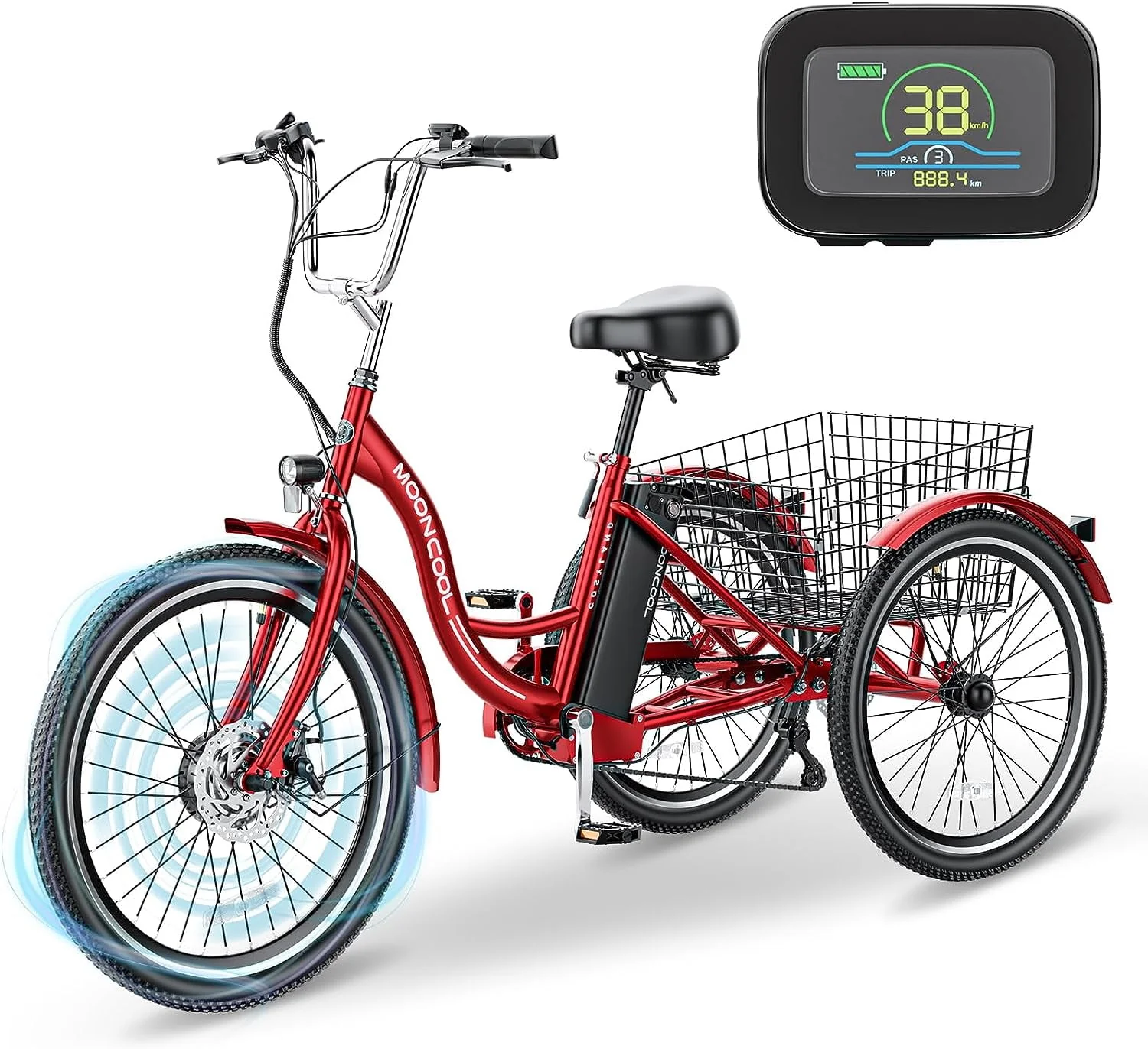 MOONCOOL 24/26 Electric Tricycle for Adults, 350W 36V 7 Speeds Electric Trike Motorized Three Wheel Electric Bikes Bicycle with Large Basket for Women Men