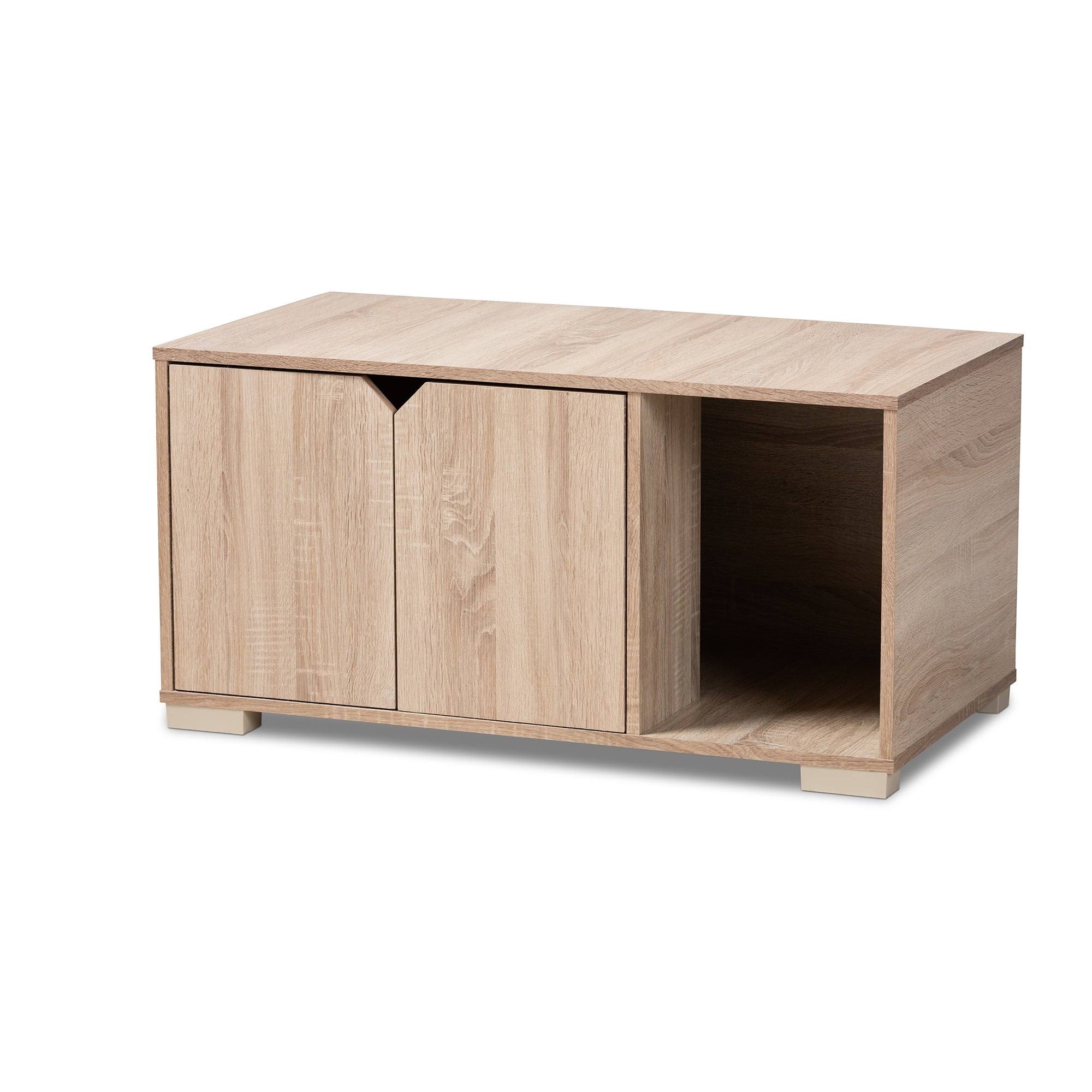 Baxton Studio Jasper Oak 2-Door Wood Cat Litter Box Cover House