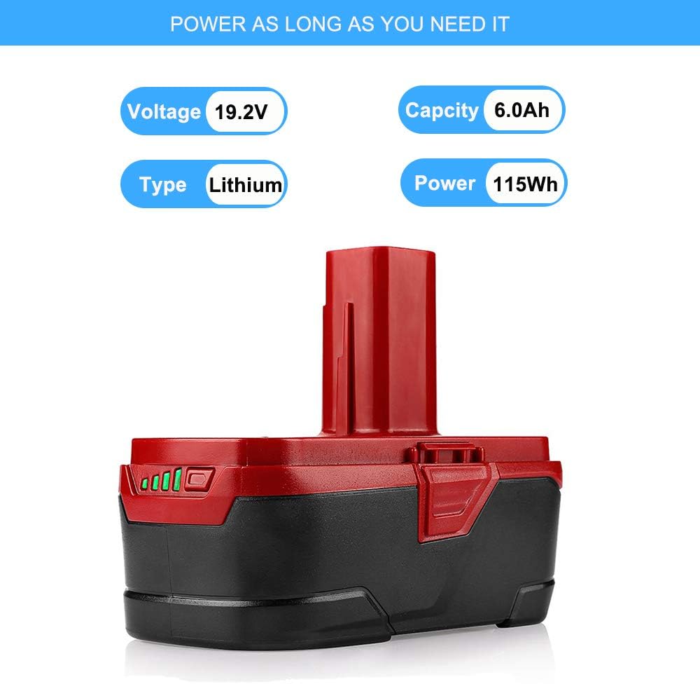 6.0Ah Replacement Battery Compatible with Craftsman 19.2 Volt Lithium Battery C3 DieHard XCP 130279005 1323903 315.pp2025 130211004 315.115410 315.11485 11375 2Pack Pack of 2