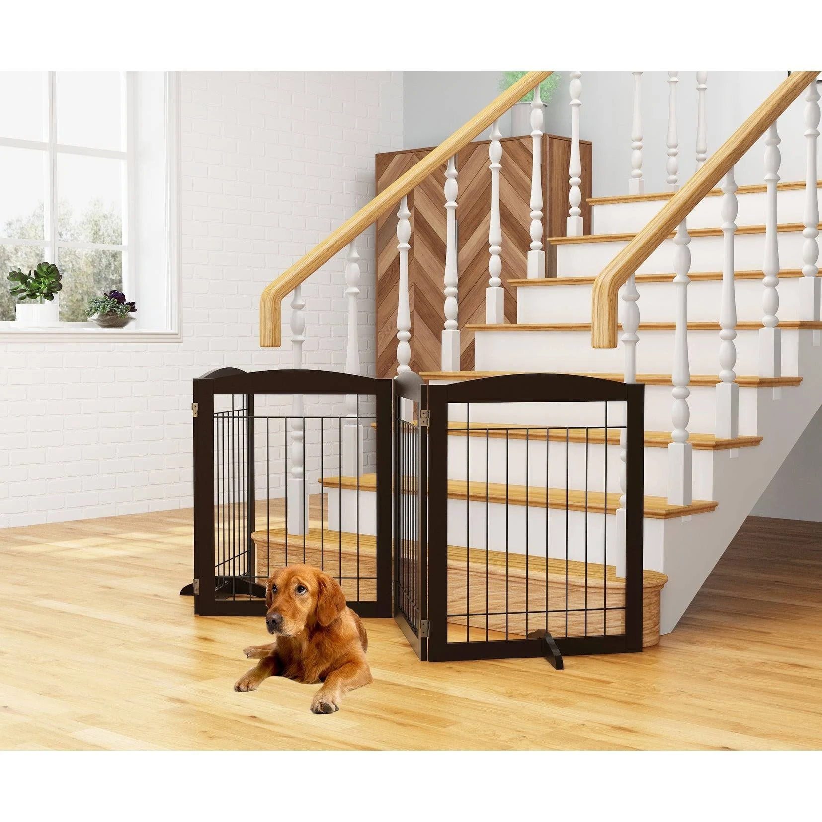 PAWLAND 96-Inch Extra Wide Dog Gate for The House, Doorway, Stairs, Freestanding Foldable Wire Pet Gate, Set of Support Feet