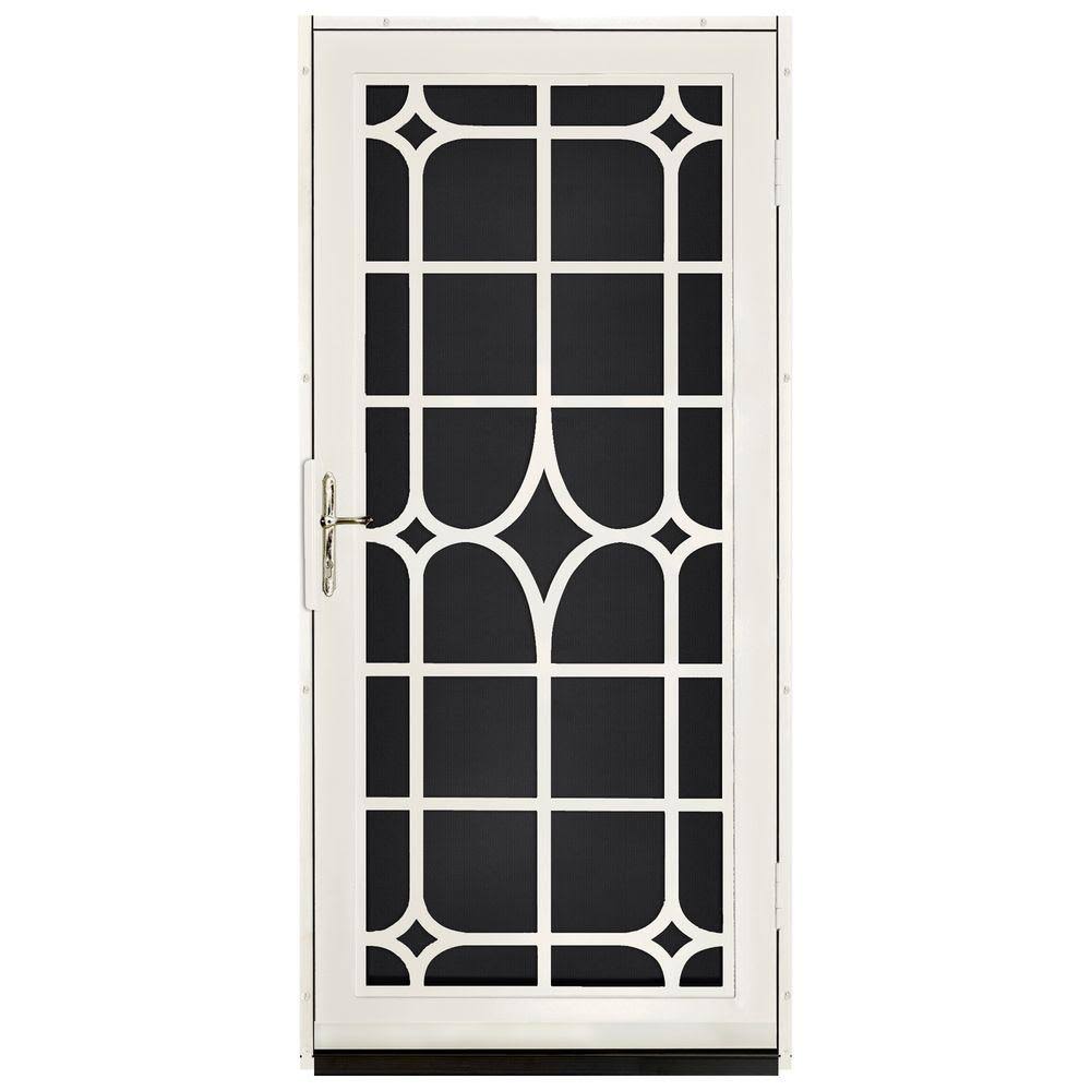 Unique Home Designs 36 in. x 80 in. Lexington Almond Surface Mount Steel Security Door with Black Perforated Screen and Brass Ha