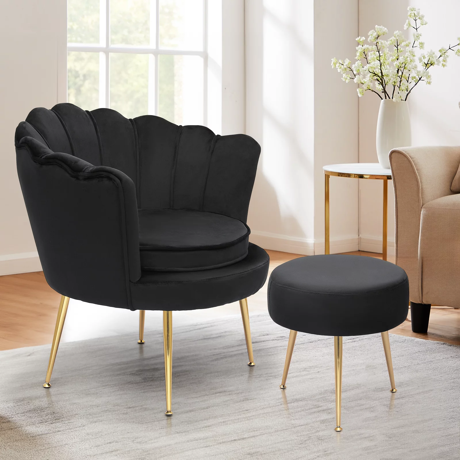 Magshion [CHAIR+PILLOW+FOOTSTOOL SET] Home Tufted Velvet Solo Sofa Ottoman Set with Cushion, Livingroom Accent Chair with Footrest Stool, Black