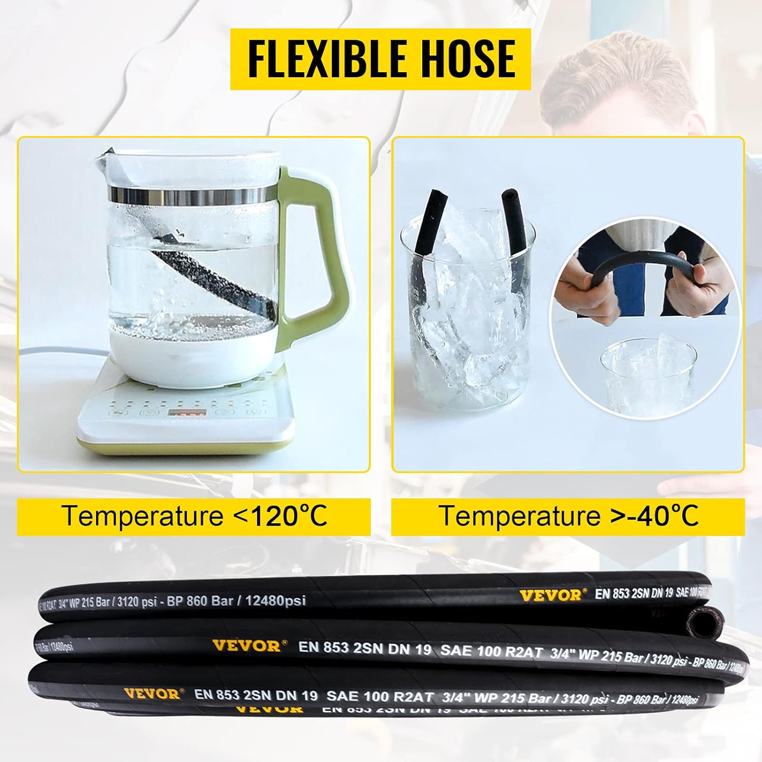 VEVOR Hydraulic Hose 1/4 inch x 100 ft, Coiled Hydraulic Hose 5800 PSI, Rubber Hydraulic Hose with 2 High-Tensile Steel Wire Braid, Bulk Hydraulic Hose -20℃ to 140℃, Hydraulic Oil Flexible Hose Pack of 2