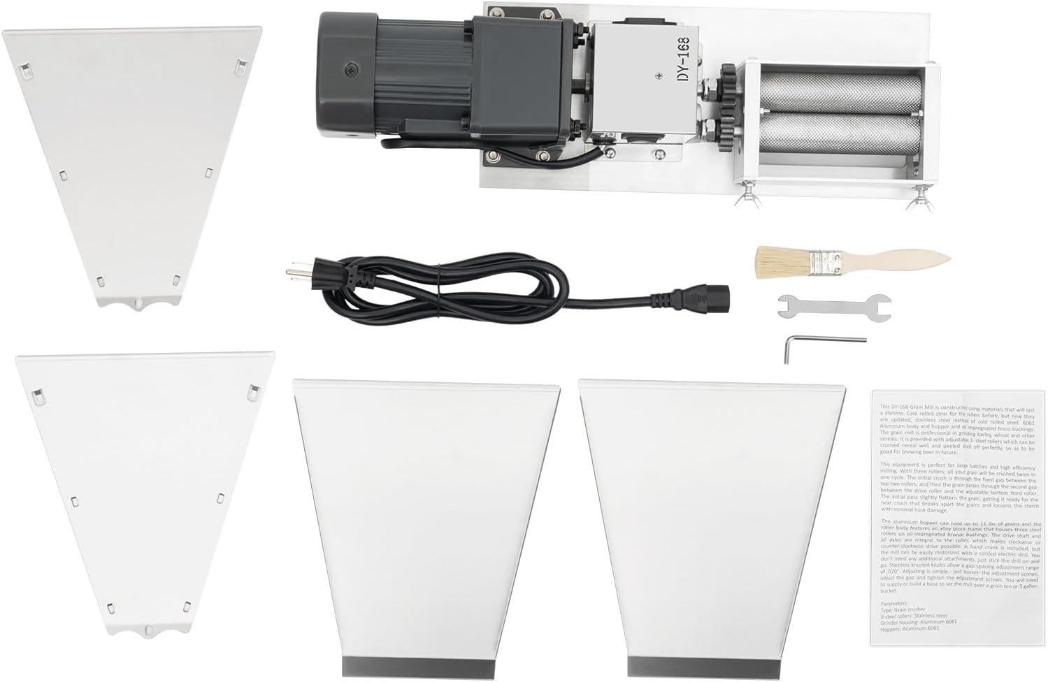 Grain Mill Grinder 60W Electric Barley Grinder Malt Crusher Machine Food Grade Stainless Steel Home Brew Grain Corn Wheat Mill Milling Grinding Machine 2 Rollers with 11lbs 4pcs Hoppers 110V US Plug
