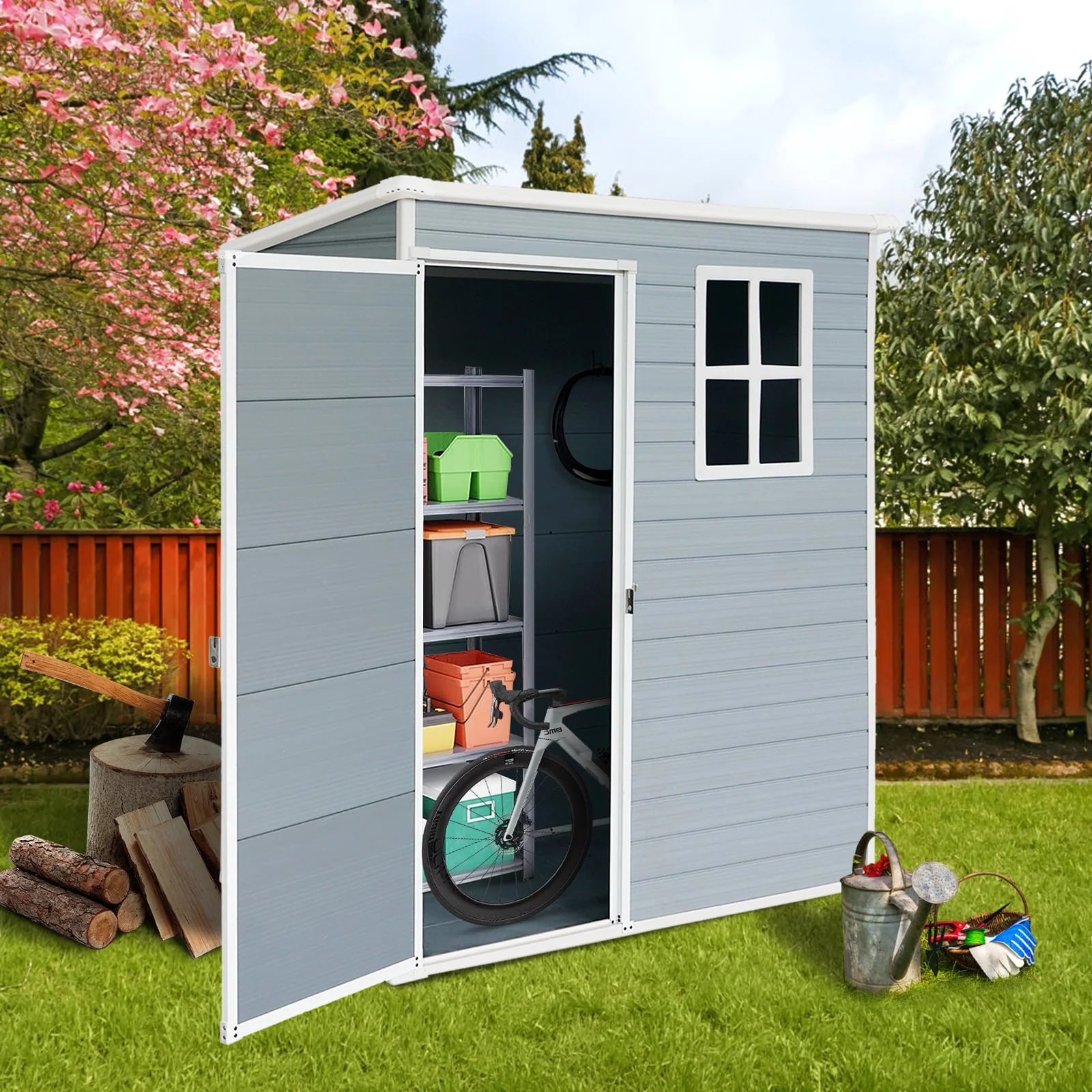6' x 4.4' Plastic Outdoor Shed, All-Weather Resin Large Backyard Storage Sheds with Reinforced Floor, Lockable Door Garage Patio Garden Storage Shed