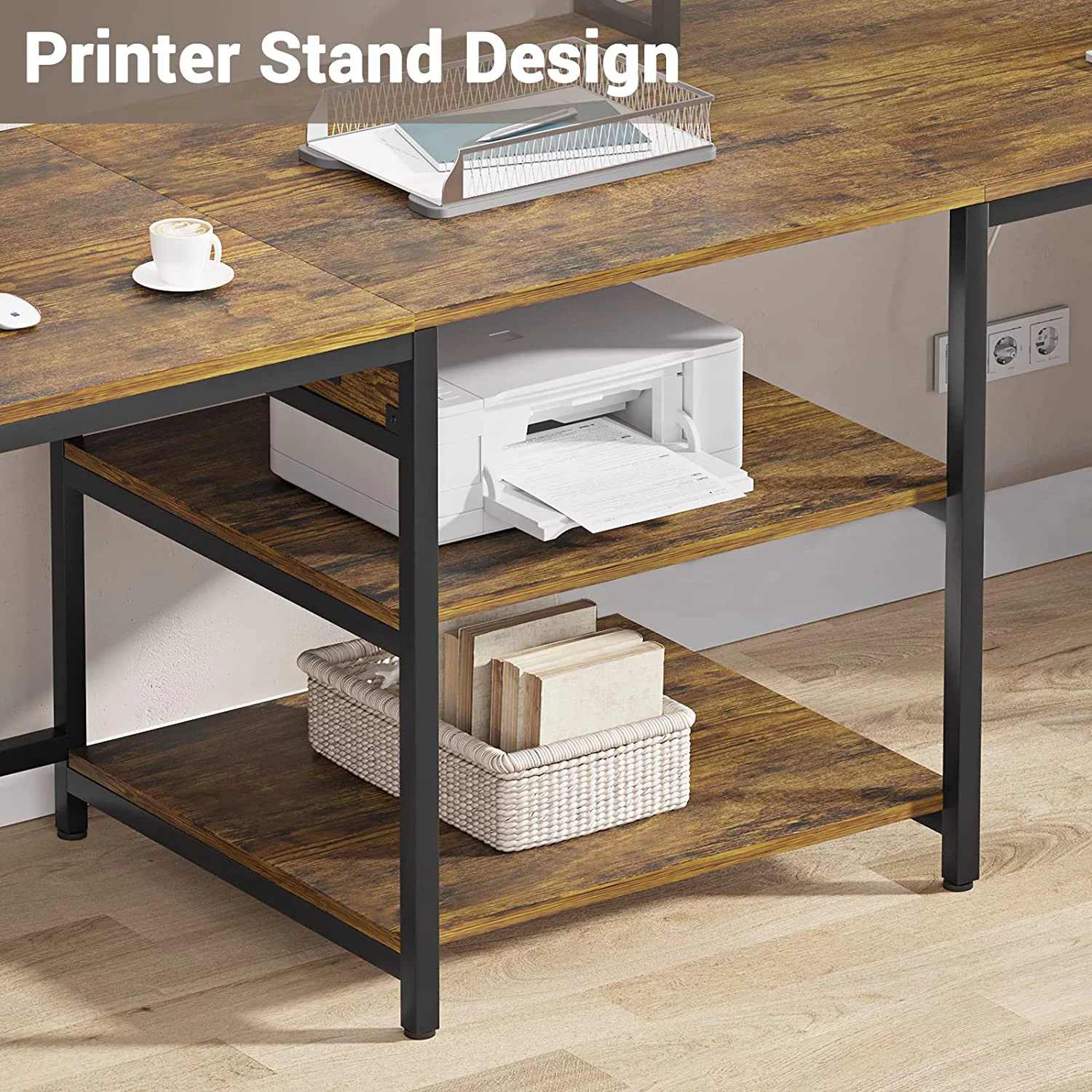 EPHEX L Shaped Desk with Lift Top, Reversible Corner Office Desk, L Shaped Desk with Storage Shelves, Monitor Stand, and Headphone Hook for Home Office, Rustic Brown