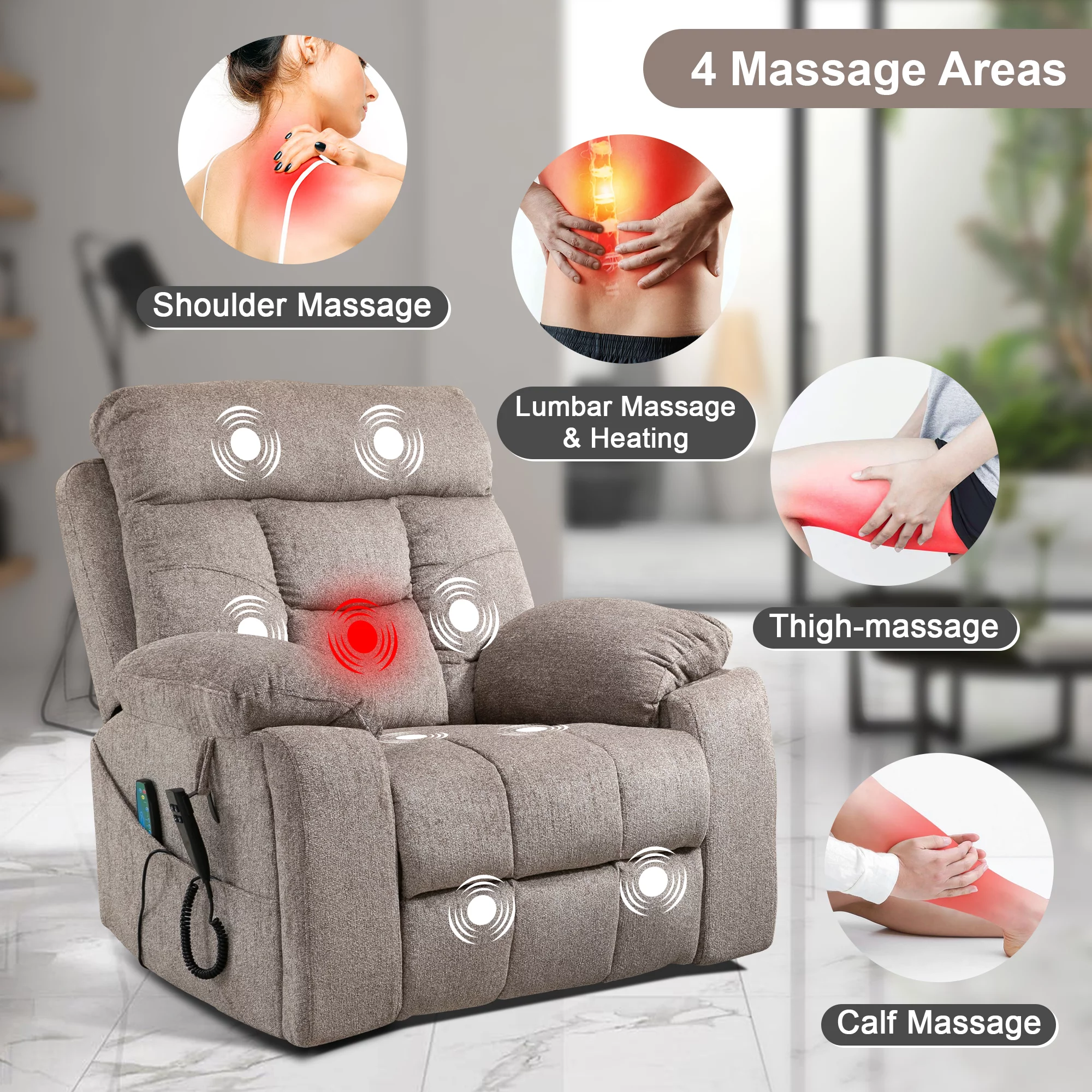 Dual Motor Power Lift Recliner Chair with Massage and Heat for Elderly People,Oversized Recliners Chair for Big Tall men,Infinite Position, 180 Degrees,Cup Holders,Side Pocket,Fabric,350 lbs