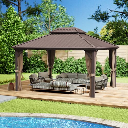 Kozyard Caesar 10'x10' Hardtop Gazebo - Permanent Metal Pavilion with Netting and Shaded Curtains for Patio, Backyard, and Deck - Galvanized Steel Outdoor Aluminum Canopy, Double Roof Gazebo (Grey)