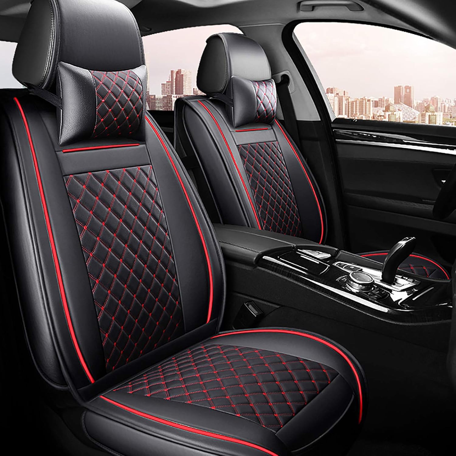 FREESOO Car Seat Cover Leather, 2 Front Seats Covers Carseat Protectors Universal Fit for Almost Sedan SUV Truck Pick-up (Khaki Black 2PCS)
