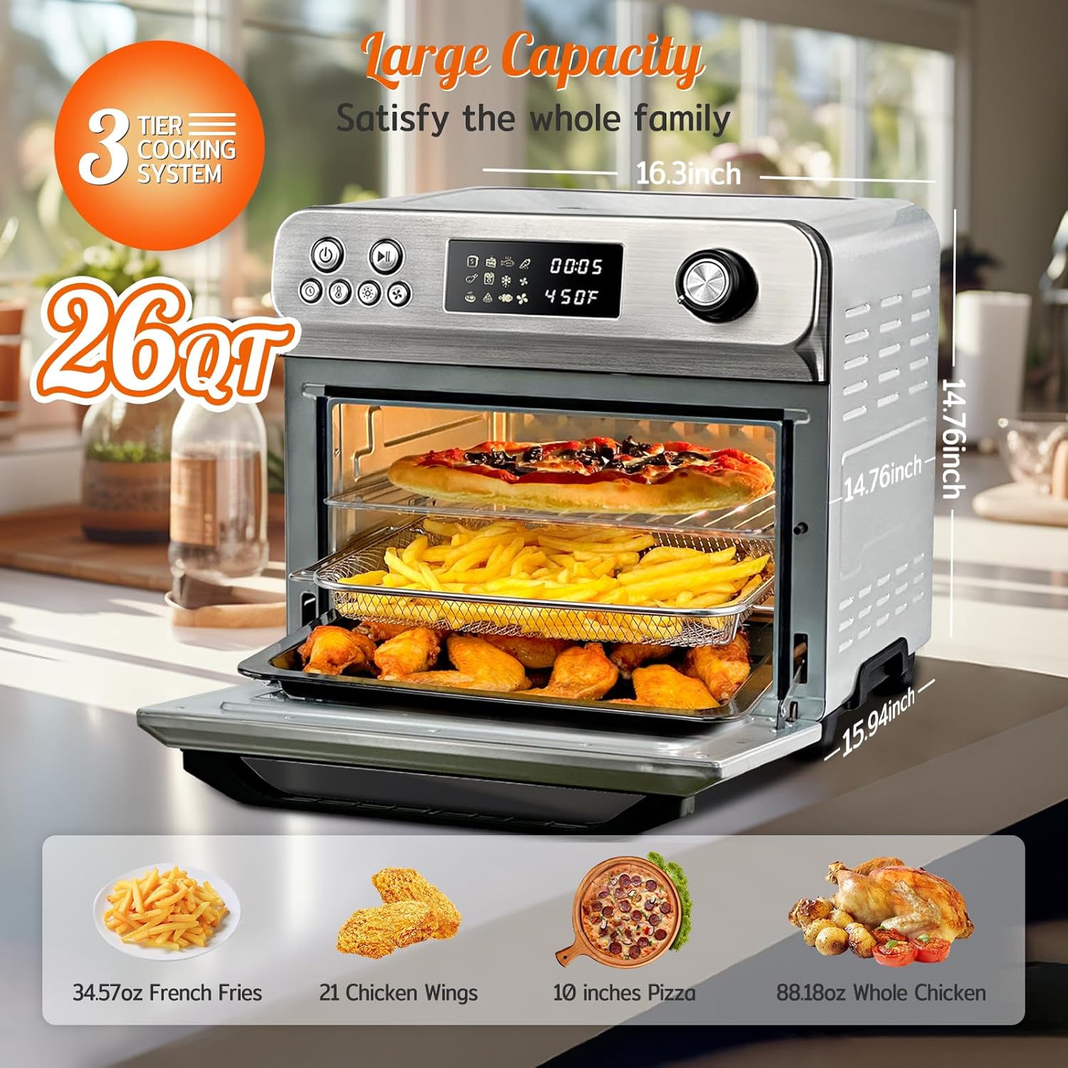 HYSapientia Air Fryer Oven Combo, 26Quart 10-in-1 Large Toaster Oven Combo with LED Display Knob Control, Stainless Steel 1800W with Full Accessory Set