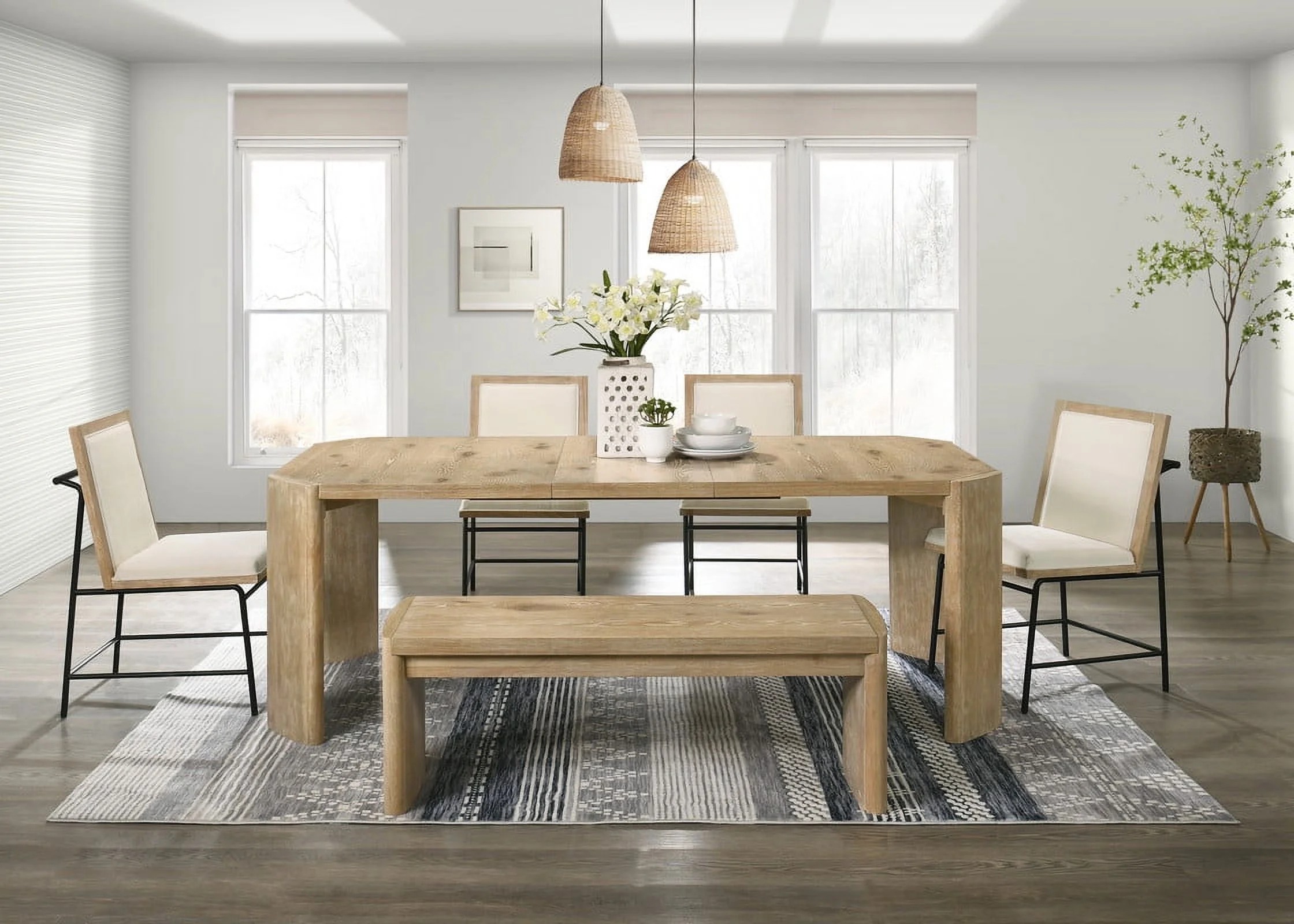 Magnus 6 Piece Oak Finish 84" Extendable Rectangular Dining Table Set Bench