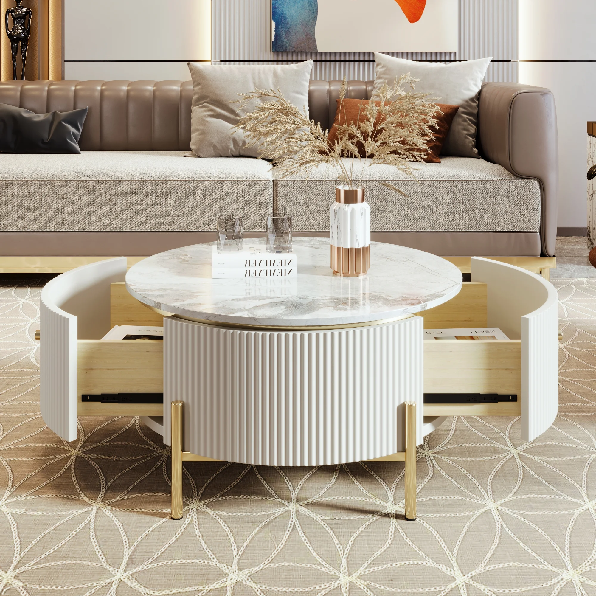 CoSoTower Modern Round Coffee Table with 2 Large Drawers Storage Accent Table(31.5'')