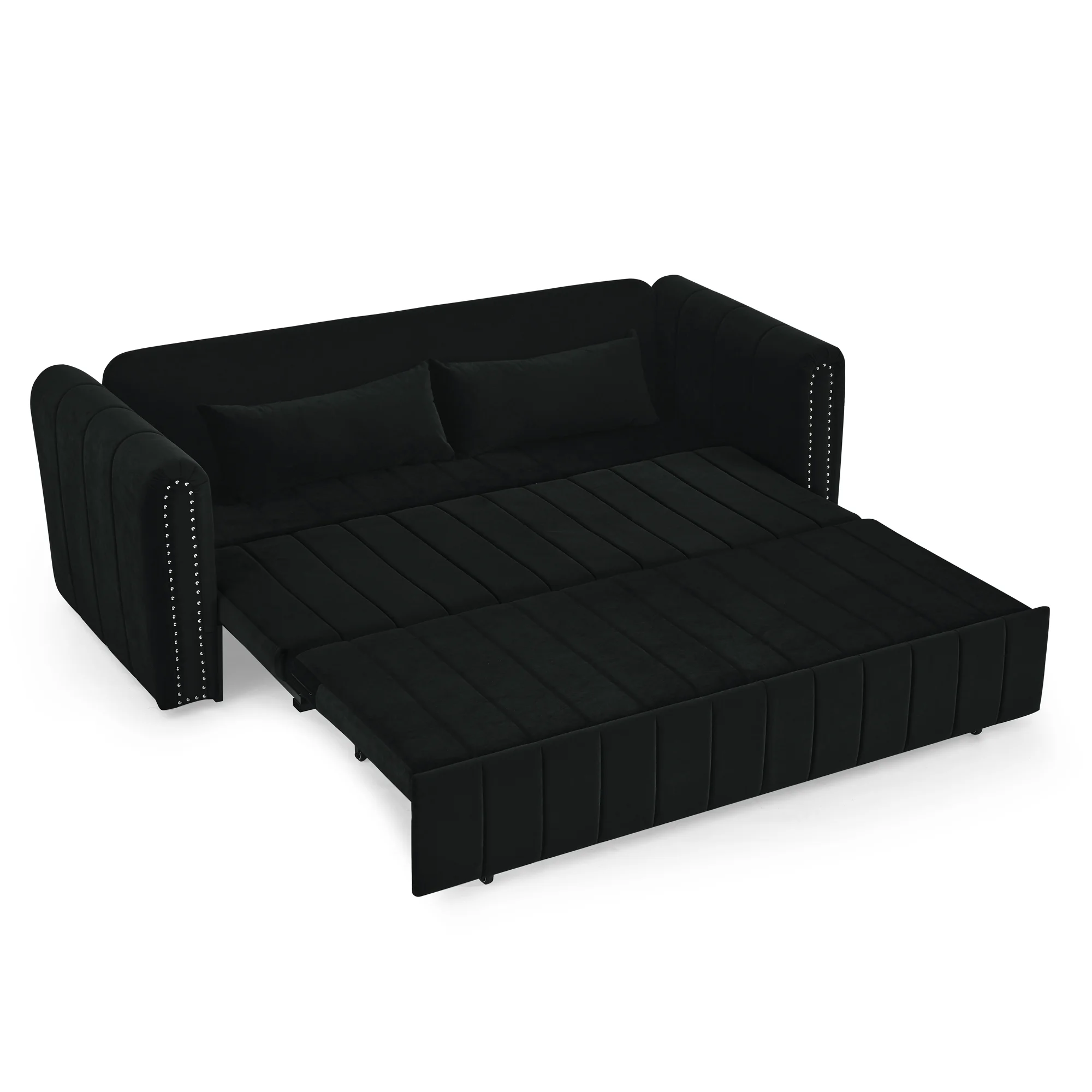 3-in-1 Convertible Sleeper Sofa Bed,Pull-Out Bed Sleeper with Rolled Arms Decorated with Copper Nails,Modern Upholstered 3 Seats Sofabed with Two Drawers and Two Pillows,Black - Curated Treasures Market